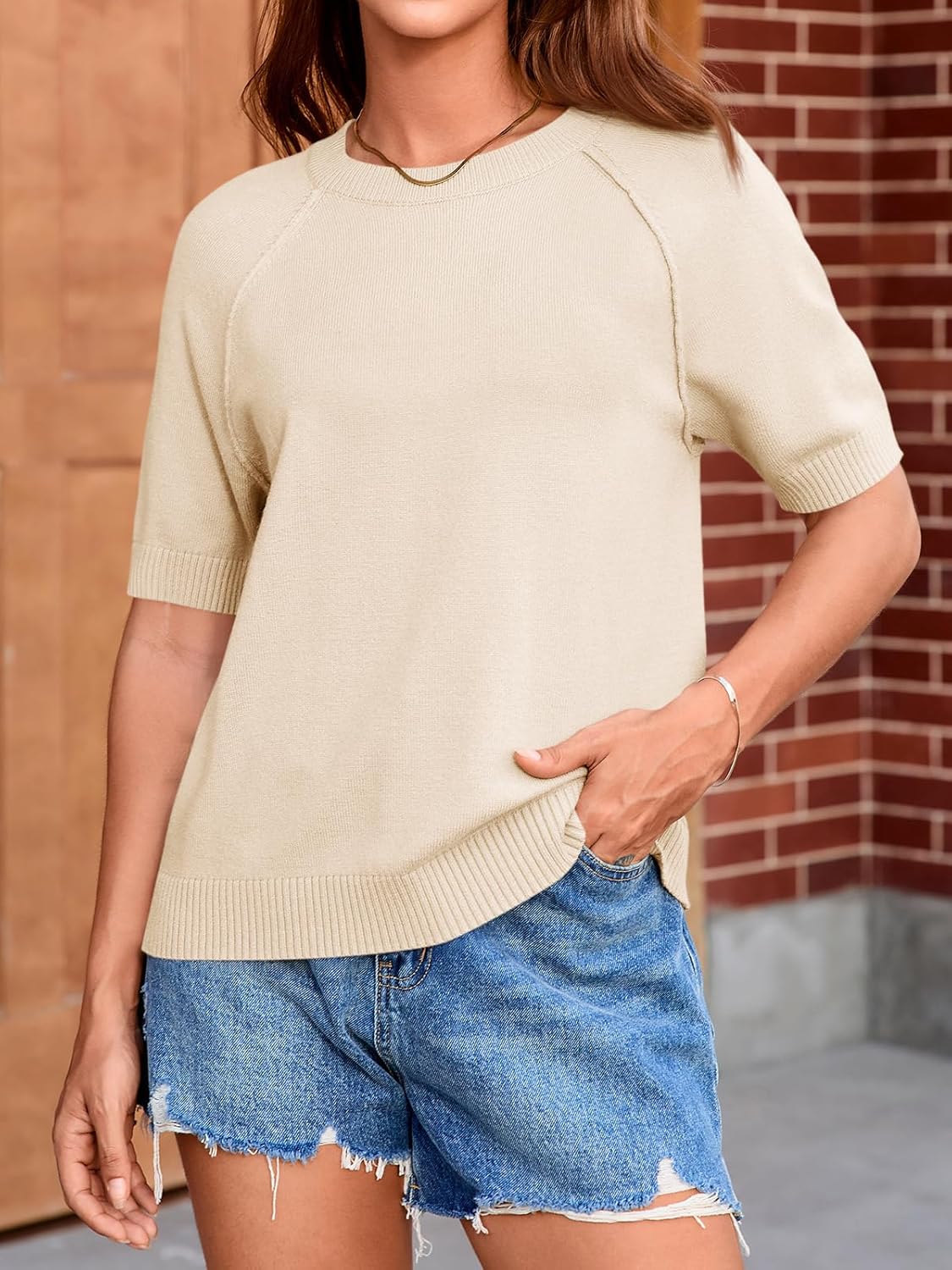 Cicy Bell Womens Short Sleeve Sweaters Crewneck Knit Tops Casual Loose Fit Dressy Pullovers Shirts - Image 2