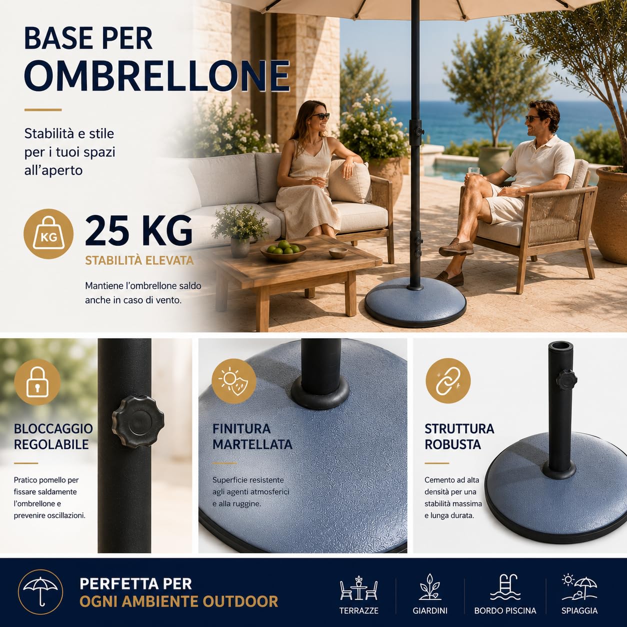 Base Ombrellone 25 kg Supporto per Giardino e Terrazzo | Base pesante per ombrellone, maggiore stabilità all'aperto, ideale per giardino e terrazzo, fissaggio regolabile