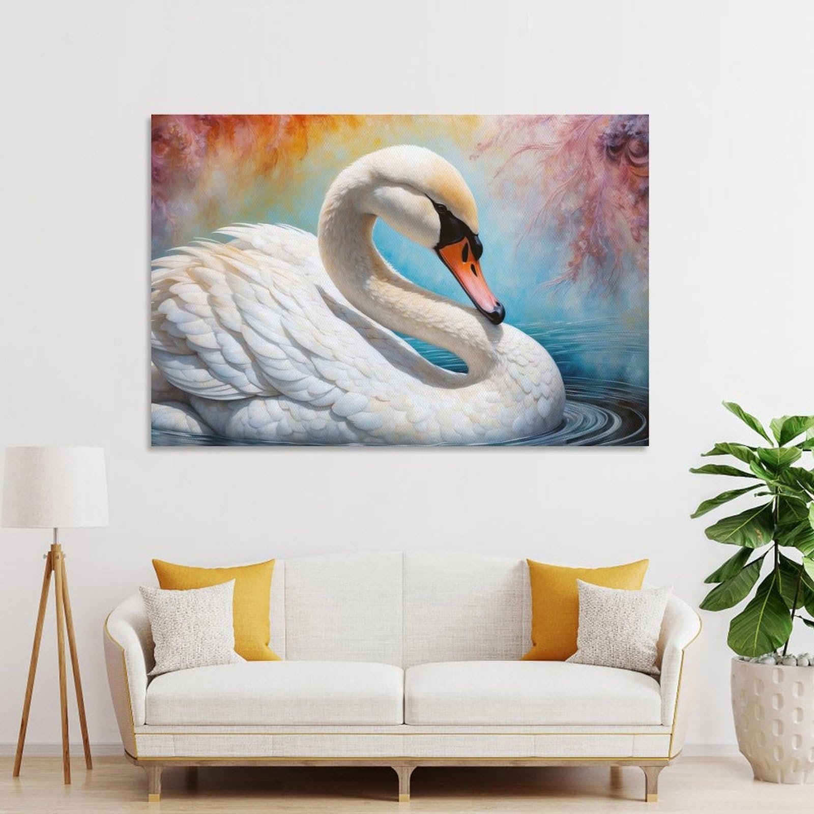 Wall Picture Print Elegant Swan in Water Painting, 24x36inch(60x90cm), for Living Room, Lounge Or Sitting Room, Modern Wall Decor for Cosy Interiors
