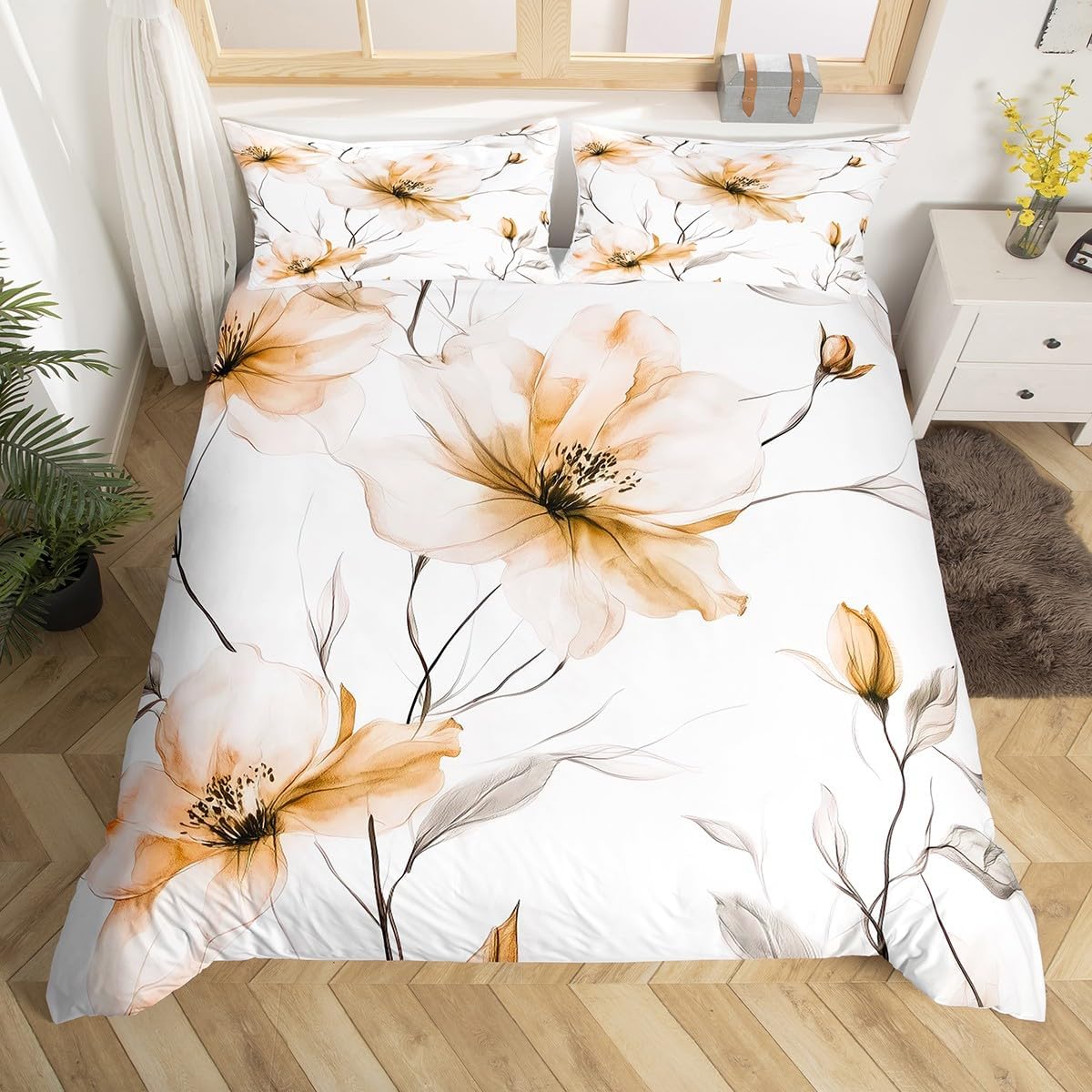 Erosebridal Champagne Floral Twin Duvet Cover, Boho Flower Bedding Set, Elegant Flower Boho Bed Set for Women Adults Girls Bedroom, Watercolor Flowers Comforter Cover with 1 Pillowcase