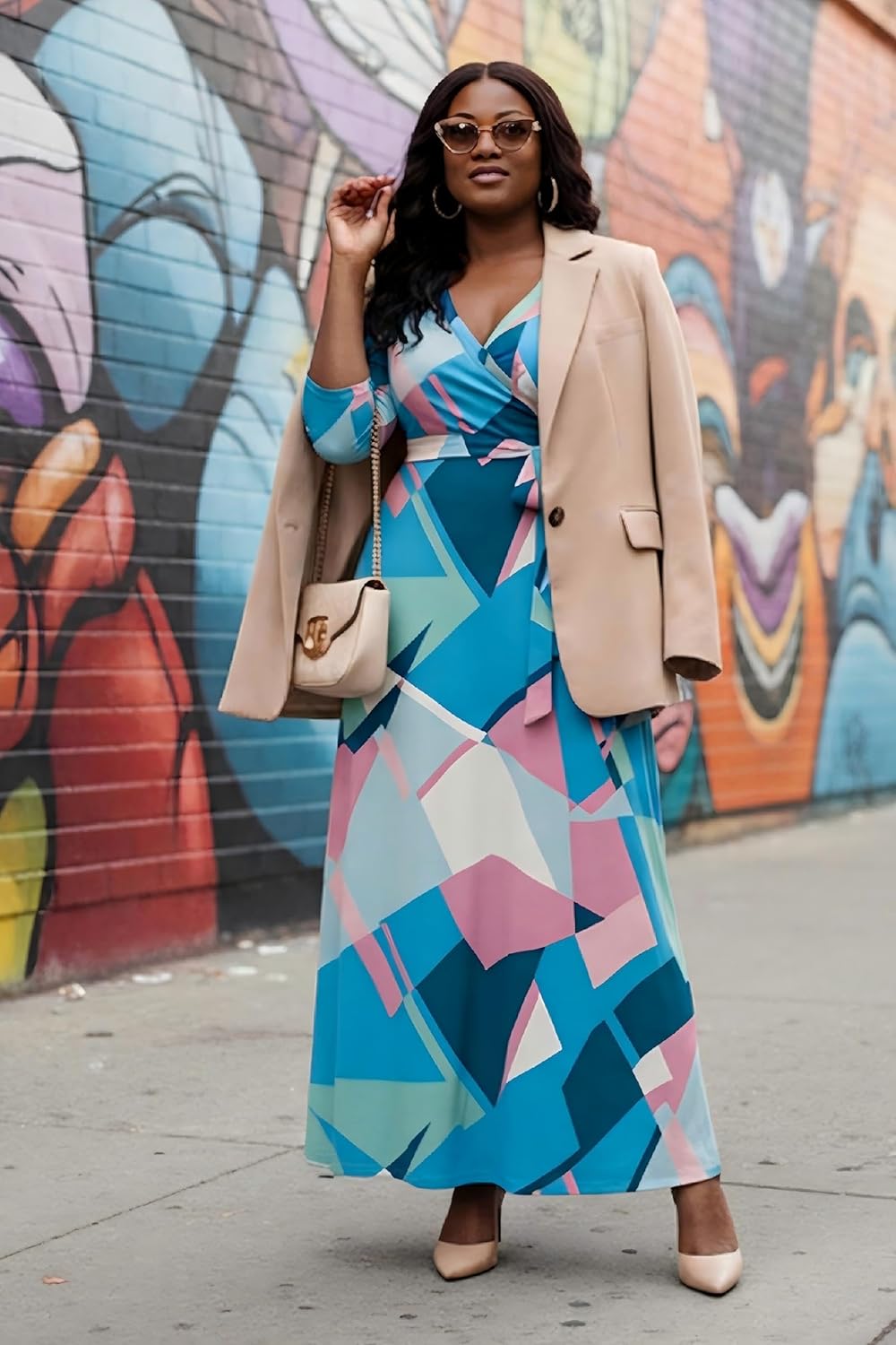 AOMONI Women's Floral Print Maxi Dresses Summer with Pockets Casual 3 4 Sleeve V-Neck Wrap Tie Waist Long Dress, M-3XL