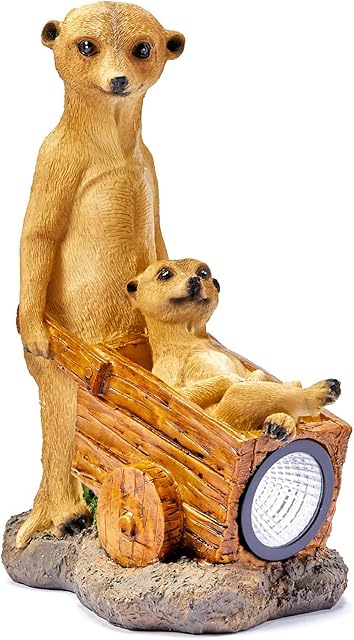 Solar Powered meerkat Garden Ornament Outdoor Decorative Family Wheelbarrow Light Up LED Home Décor Figurine Accessories for Pathway Lawn Yard patio 39cm Tall