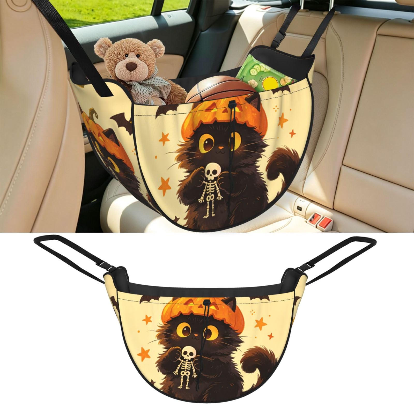 Cntdbu Black Cute Cat Car Seat Organizer-Backseat Storage Bag For Travel