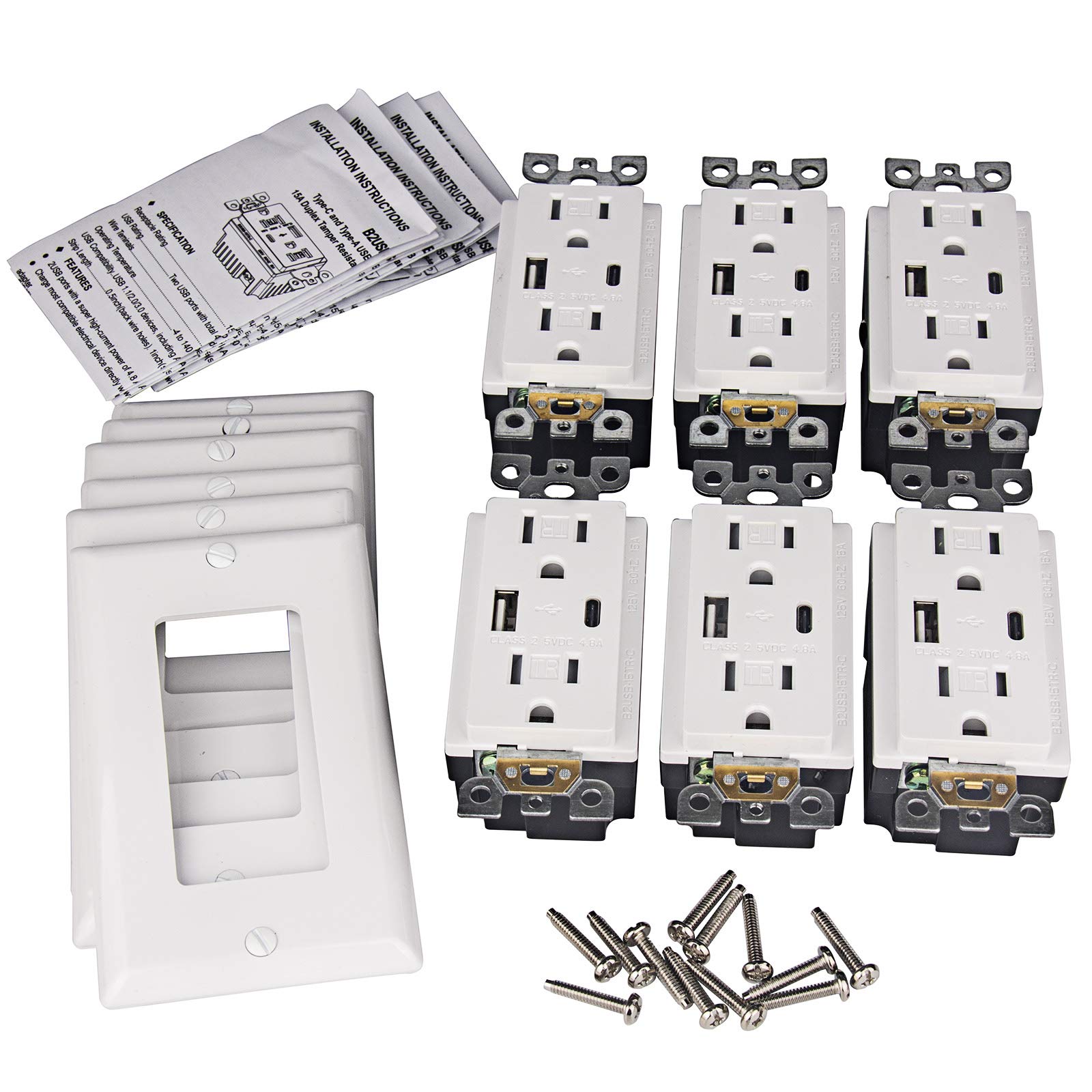 USB C Outlet, 4.8A Type A & Type-C USB In-Wall Charger/Tamper Resistant Outlet, Wall Plate Included, UL Listed (Pack of 6)