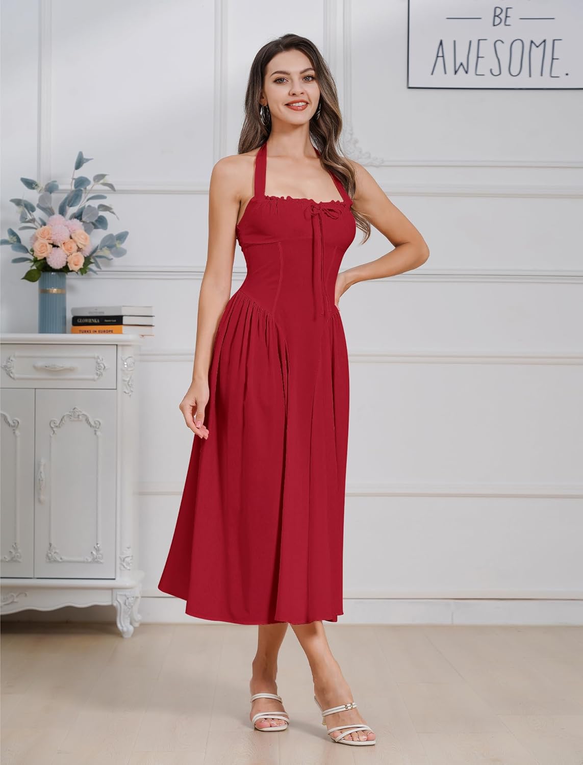 Women Floral Corset Dress Summer Dresses Boho Flowy Adjustable Halter Neck Lace Up Midi Dresses A Line Casual Sundress - Image 5