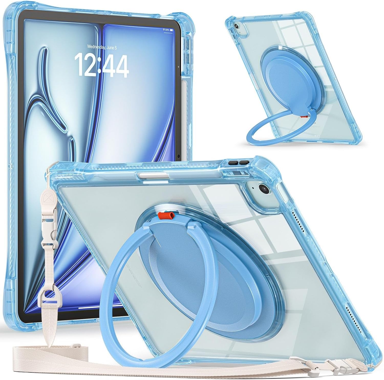 Tablet Travel Shockproof Protective Case Compatible with iPad Air 13 (M2) 2024/Pro 12.9 2022/2021/2020/2018 with Pencil Holder, Heavy Duty Stand, Shoulder Strap, Clear TPU Co Back Cover