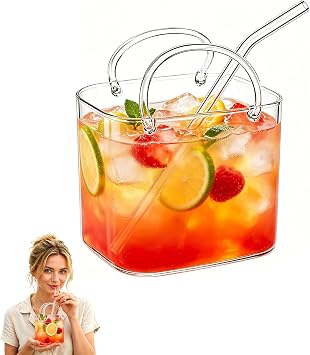 Purse Drinking Glass Cup with Straw Cute Unique Funky Personalised Cocktail Glasses for Women Parties Large Novelty Handbag Shaped Cocktail Glass Cups for Juice Tea Beverages Flowers 26oz