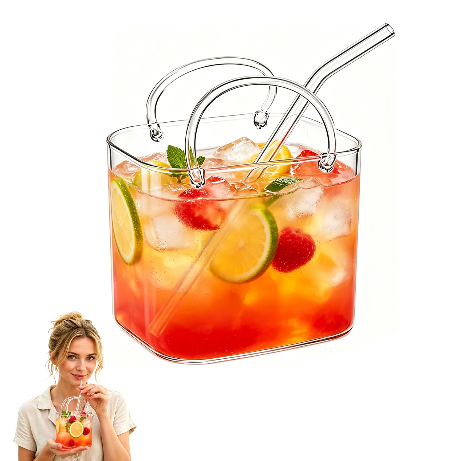 AUOQZ Purse Drinking Glass Cup with Straw Cute Unique Funky Personalised Cocktail Glasses for Women Parties Large Novelty Handbag Shaped Cocktail Glass Cups for Juice Tea Beverages Flowers (26oz)