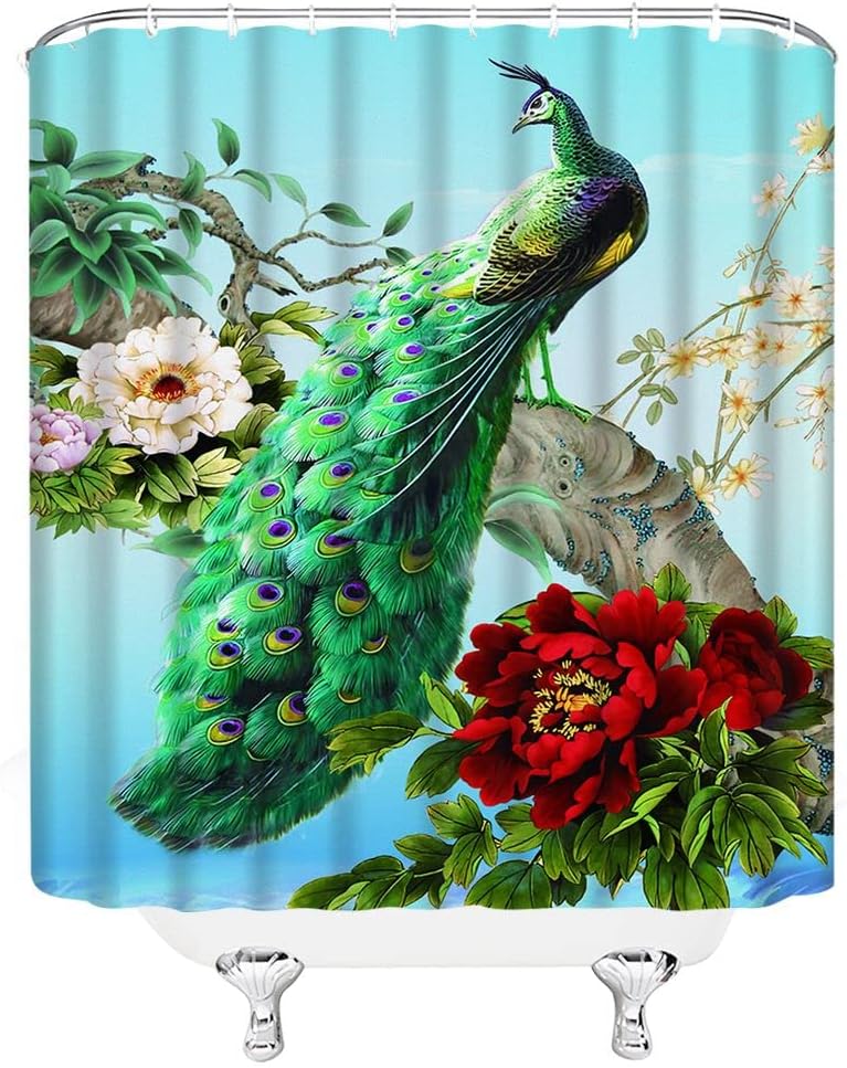 Peacock Shower Curtain Red Peony Flowers Branch Asian Traditional Chinese Oriental Spring Landscape Antique Pattern Fabric Bathroom Decor Set with Hooks(70" Wx78 H)