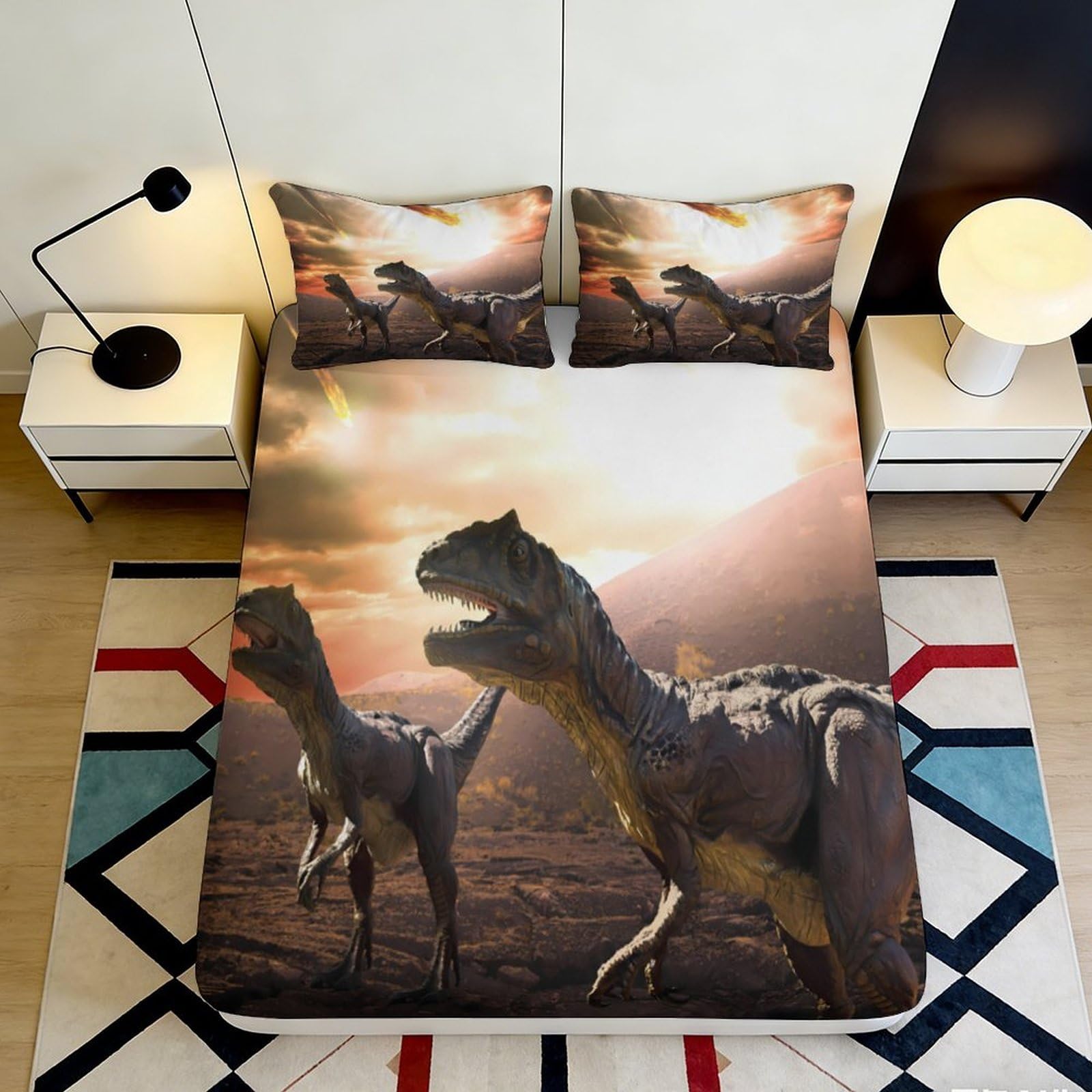 3D Printed Dinosaur Sunset Fitted Sheet Microfiber Soft Breathable Jurassic Landscape Mattress Cover for Bedroom Guest Room Decor 90x200x25cm
