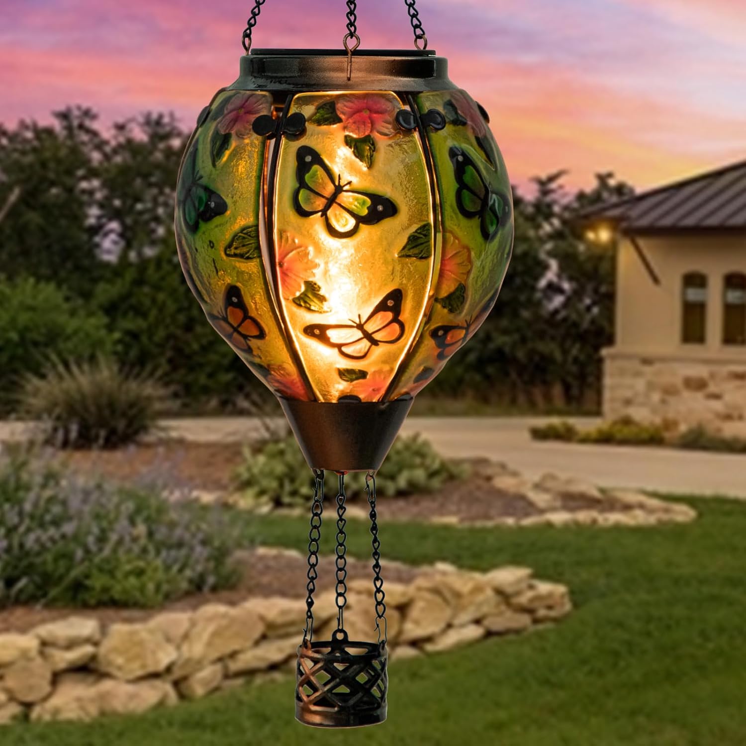 Hot Air Balloon Solar Lantern Flickering Flame Hanging Garden Lights, Glass Outdoor Waterproof Flame Effect Hot Air Balloon Hanging Lantern Gift for Balcony Yard Holiday Party Decorations-Butterfly