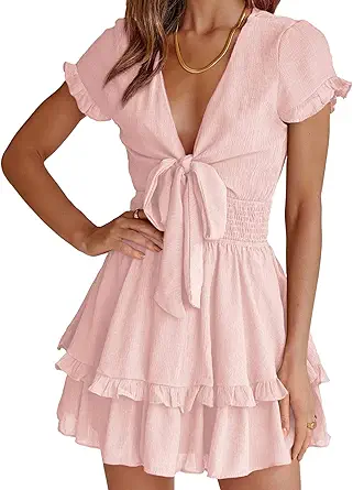 PRETTYGARDEN Women Summer Mini Short Dress 2025 Short Sleeve Casual Beach Vacation Sundress V Neck Tiered Sun Dresses