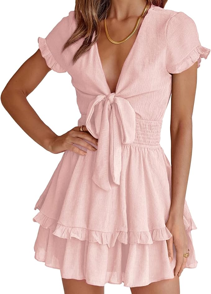 PRETTYGARDEN Women Summer Mini Short Dress 2025 Short Sleeve Casual Beach Vacation Sundress V Neck Tiered Sun Dresses
