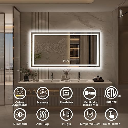 Miniatura 2 de GOLOMO Espejo de baño LED de 60 x 30 pulgadas para pared, espejo de tocador iluminado con luces, regulable, antivaho, a prueba de roturas,