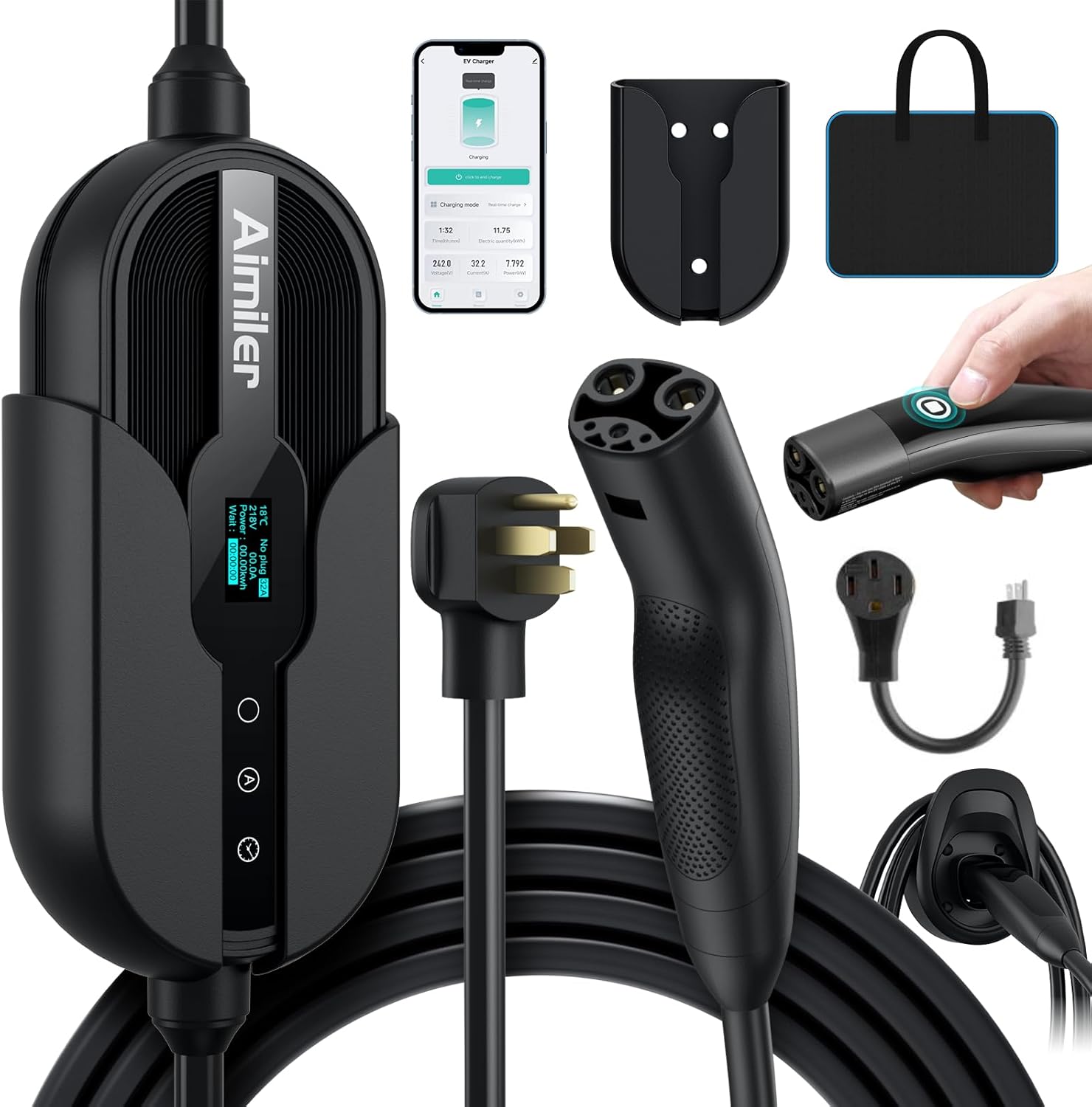 AIMILER Level 1/2 Tesla Charger(WiFi APP/Plug-Play), Max 32A, 25ft Cable ETL Certified, Portable Electric Car EV Charger for Tesla Models Y/X/3/S or Nacs Connector EVs (240V Nema 14-50 Plug)