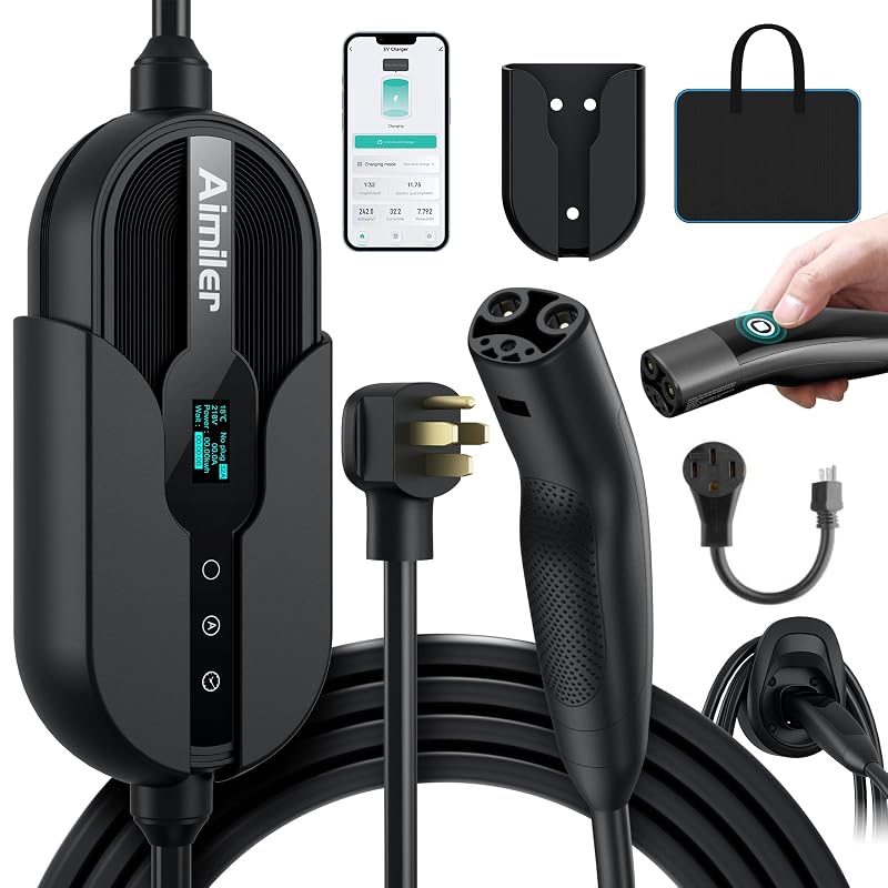 Carregador portátil para veículos elétricos AIMILER Level 1/2 com Wi-Fi, APP, até 32 A, cabo de 7,62 m e conector NACS