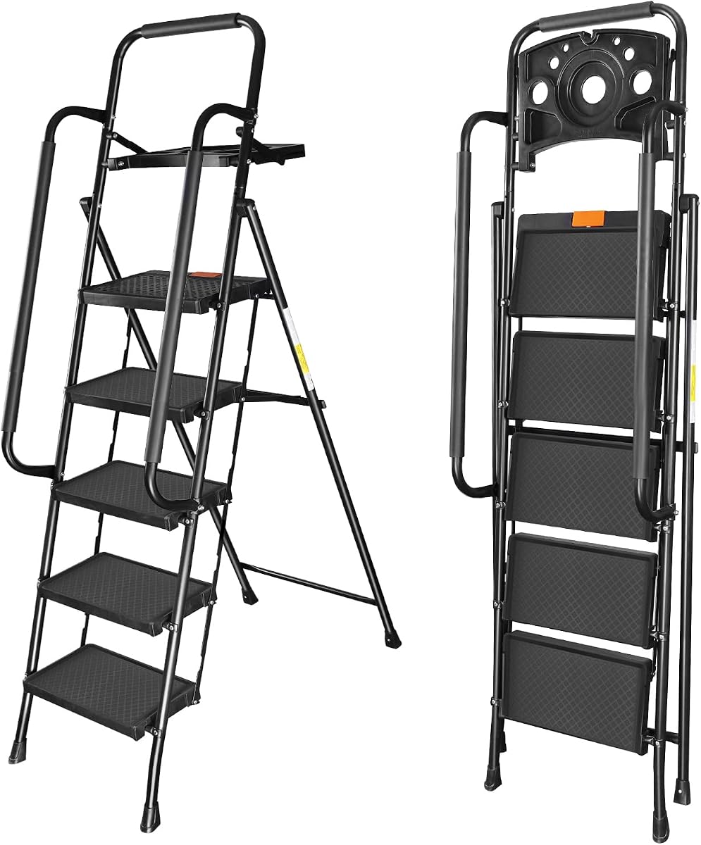 5 Step Ladder with Handrails,500 Lbs Capacity,Folding Step Stool Ladder with Tool Platform,Wide Anti-Slip Pedal,Step Ladder 5 Step Folding,Multi-use for Home,Kitchen,Office,Black
