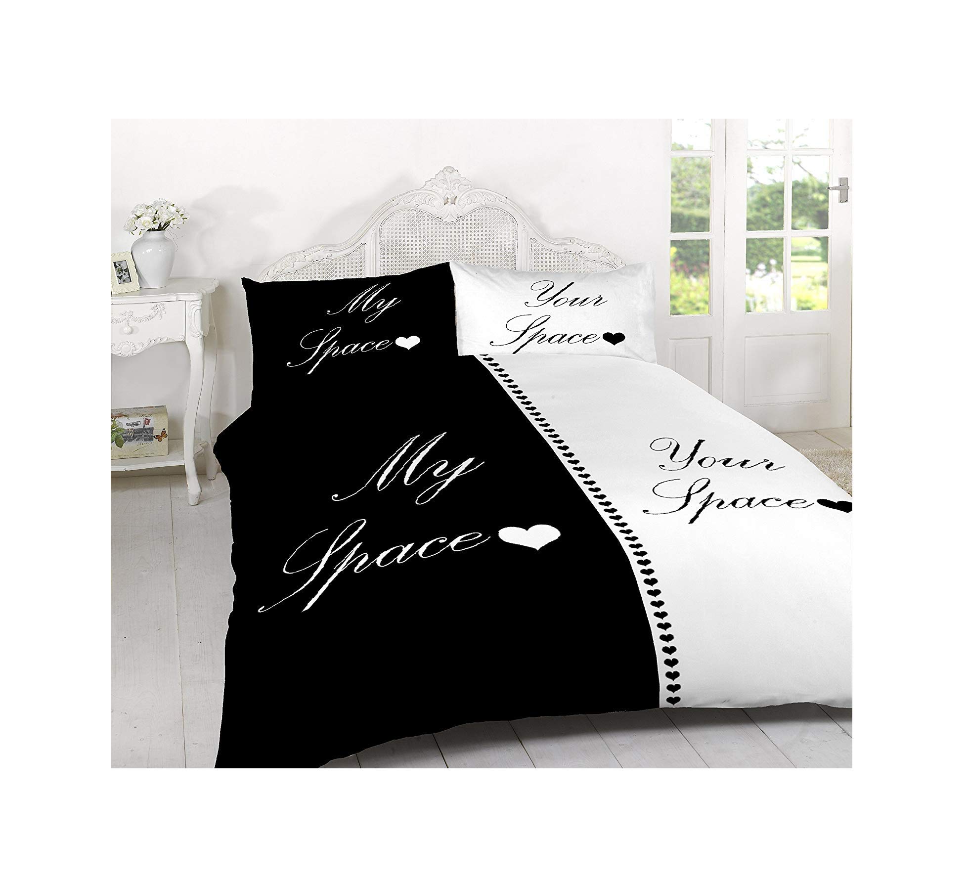 Excellent Hotel Quality Double Size Couple My Space Your Space Black and White Duvet Cover Set Bedding Set with Pillowcases - Double Size