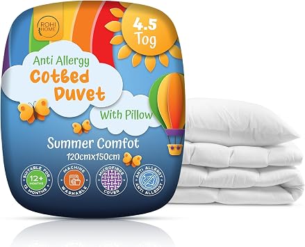 Rohi 4.5 tog Cot Bed Duvet and pillow set   Microfibre Anti-Allergy Toddler Duvet & Pillow   Lightweight, Breathable & Ultra Comfy Baby Quilt 120cm x 150cm