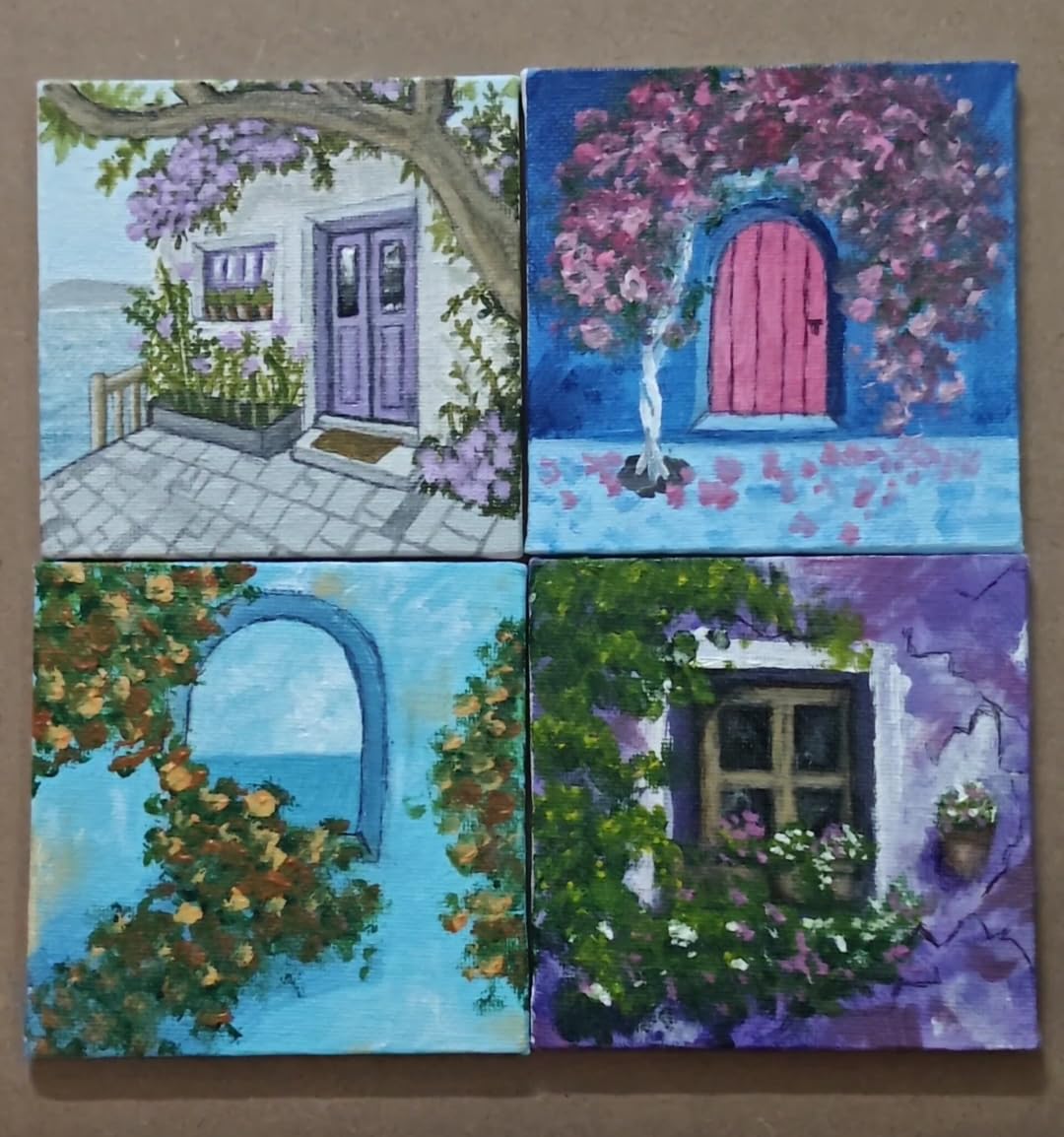 Mini Hand Painted Canvas Set of 4 with Wooden Easels | Floral Architecture Art, Includes Display Easels, Acrylic Painting Style, Unique Designs, Ready to Display-image-12