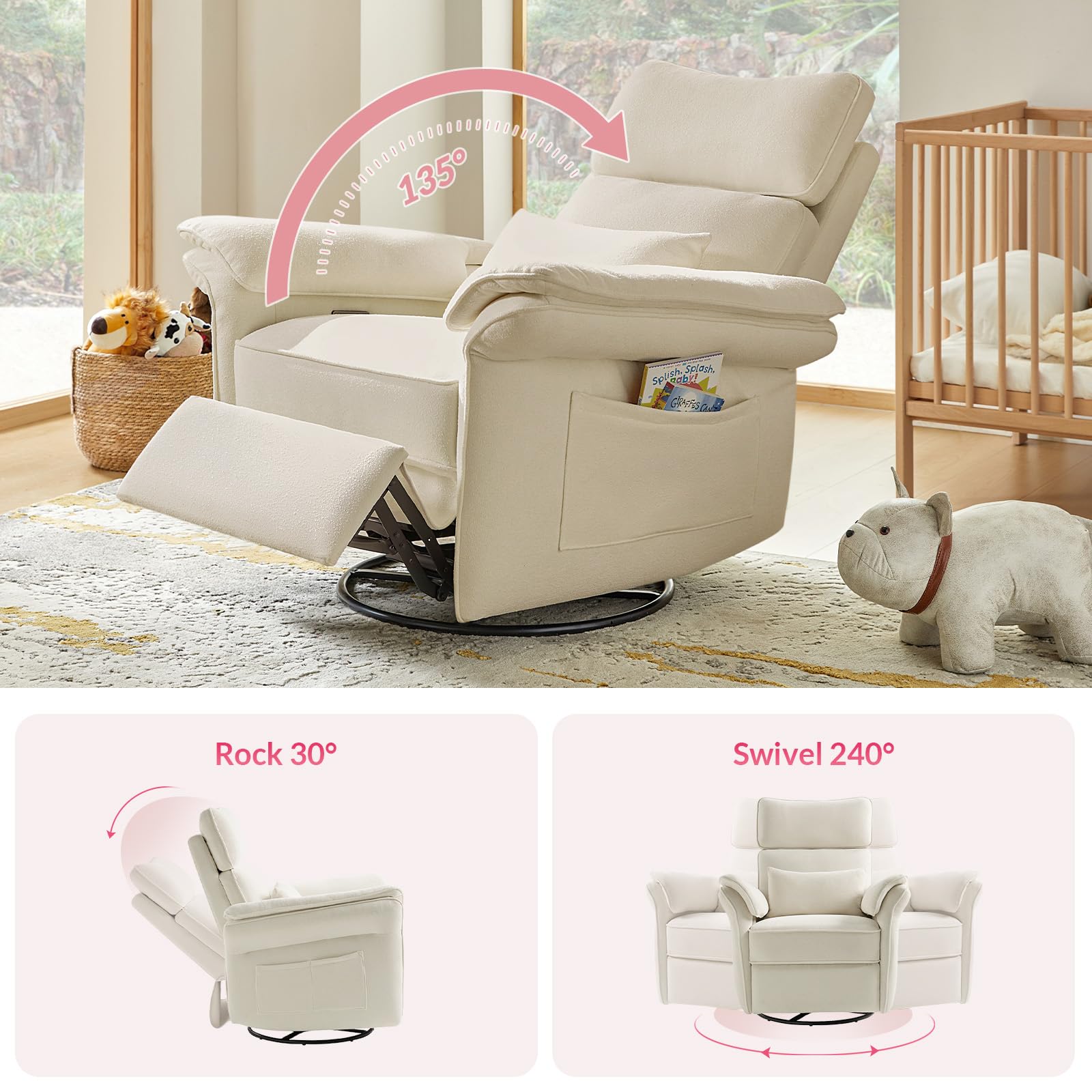 Nursery Rocking Glider Chair with Adjustable Armrests & Headrest, Power Nursery Recliner, Nursing Chair for Breastfeeding, Electric Swivel Rocker Recliner with USB Port&Storage, FSC Certified-Beige