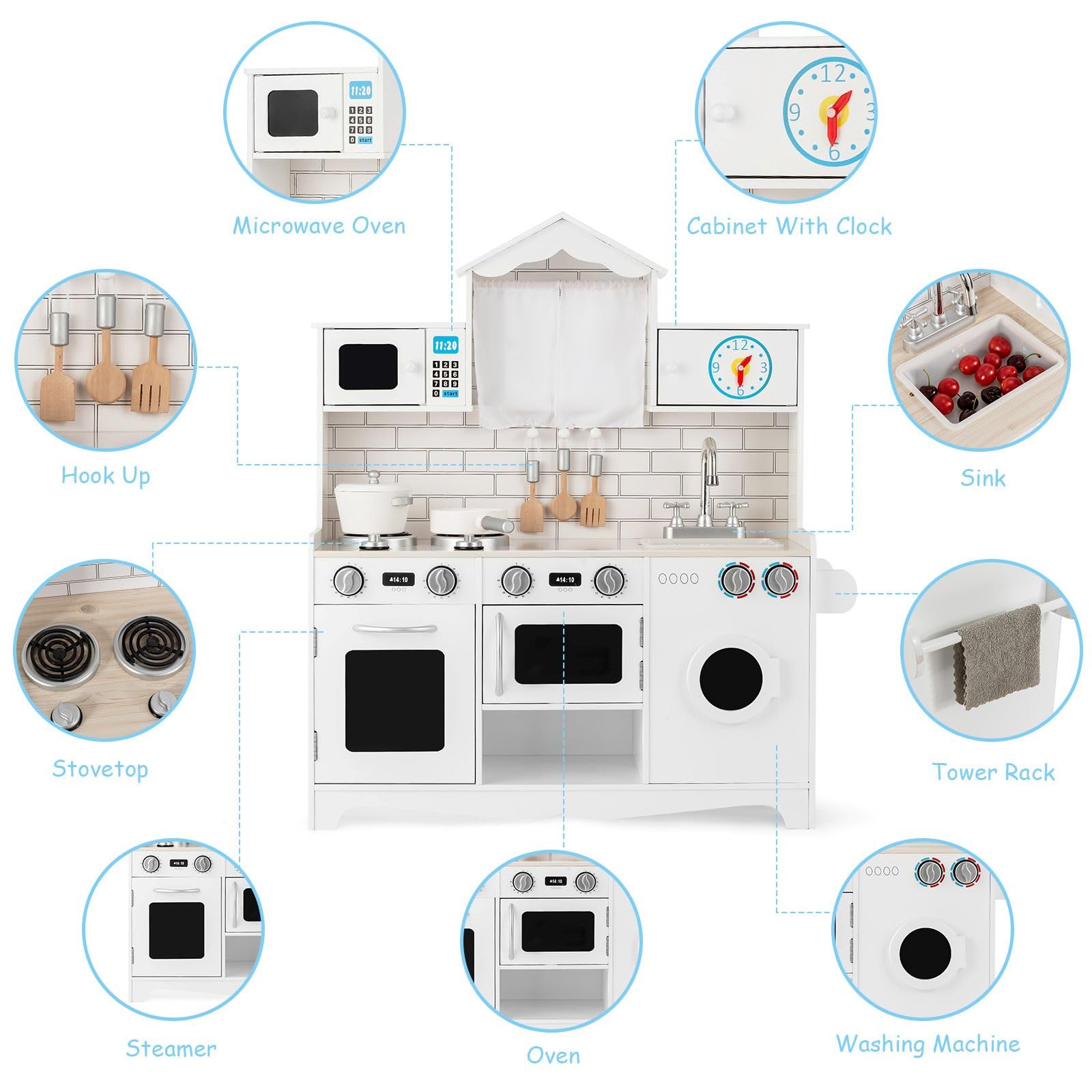 HOMASIS Cucina in Legno per Bambini con Rubinetto, Lavello e Forno - Giocattolo educativo per 3+ anni, Bianco