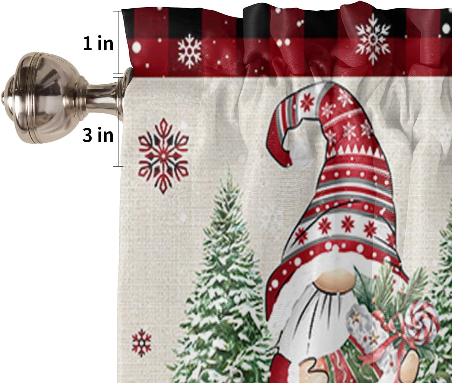 Christmas Valances Curtains for Kitchen Gnome Xmas Tree Snowflake Black Red Buffalo Kitchen Valance Short Curtains Rod Pocket Window Treatments for Bathroom Bedroom Windows 54x18 Inch