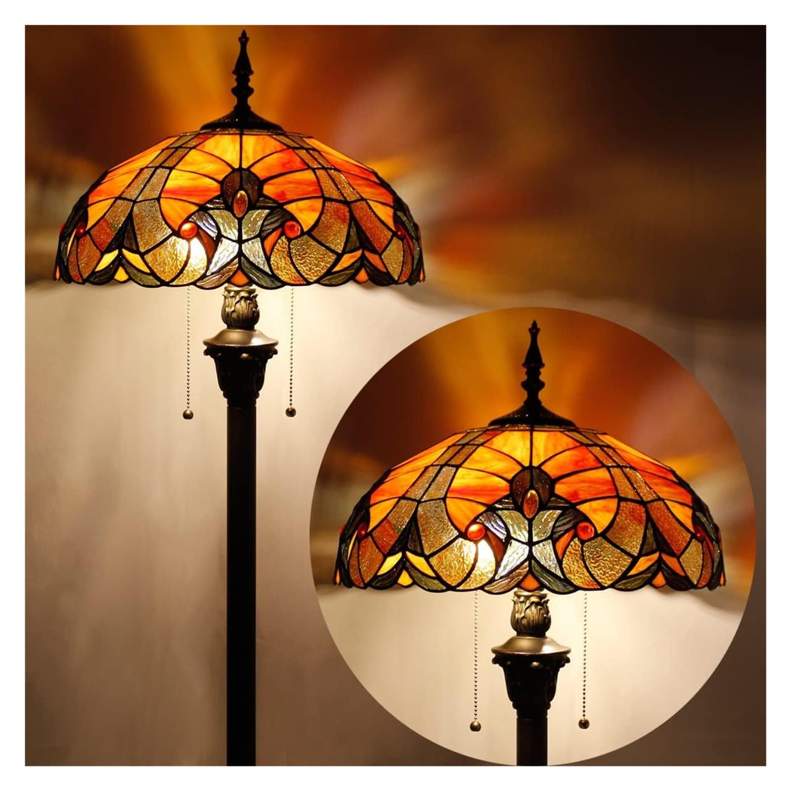 Lampa Stojąca Tiffany W Kolorze Czerwono-Brązowym,Witraż Liaison,Do Czytania,16X16X64 Cale,Antyczna Lampa Narożna Na Słupie