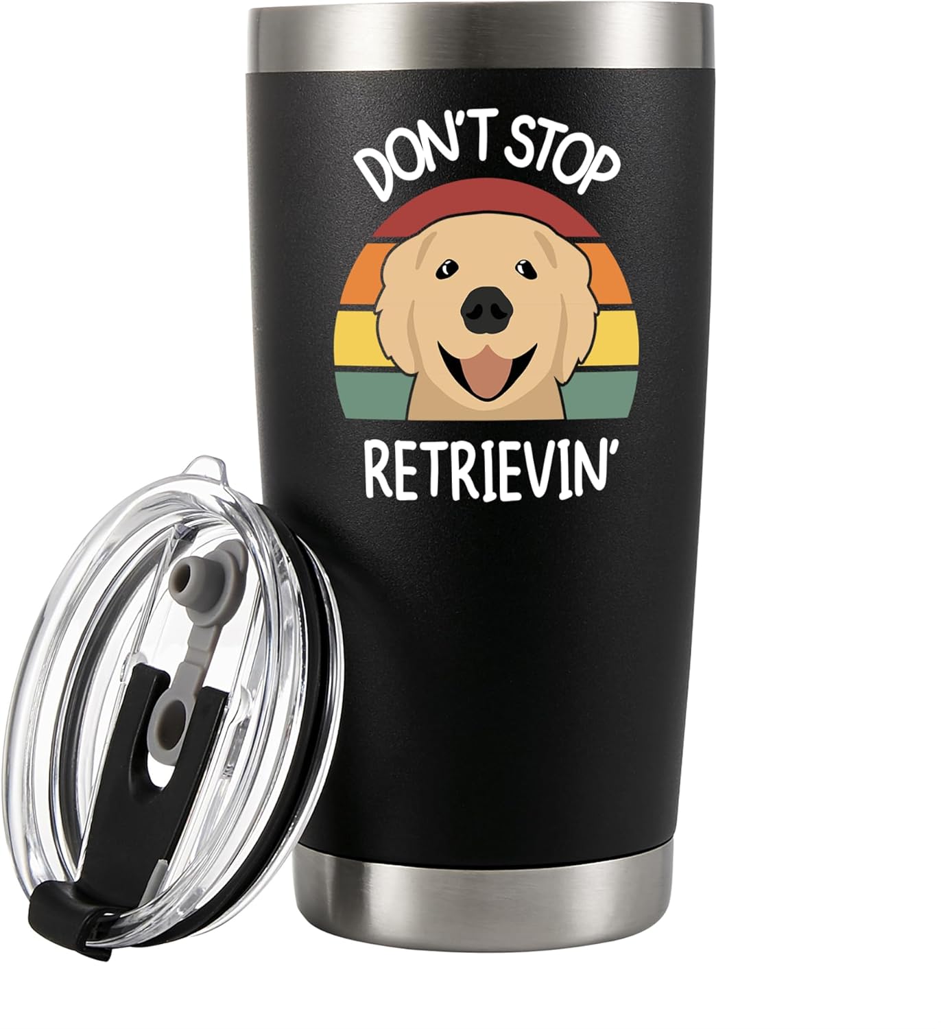 Don't Stop Retrievin Vacuum Insulated Tumbler Golden Retriever Gifts Dog Mom Dad Pet Lover Owner Retro Stainless Steel with Removable Lid and Straw Travel Mug 20 oz Black