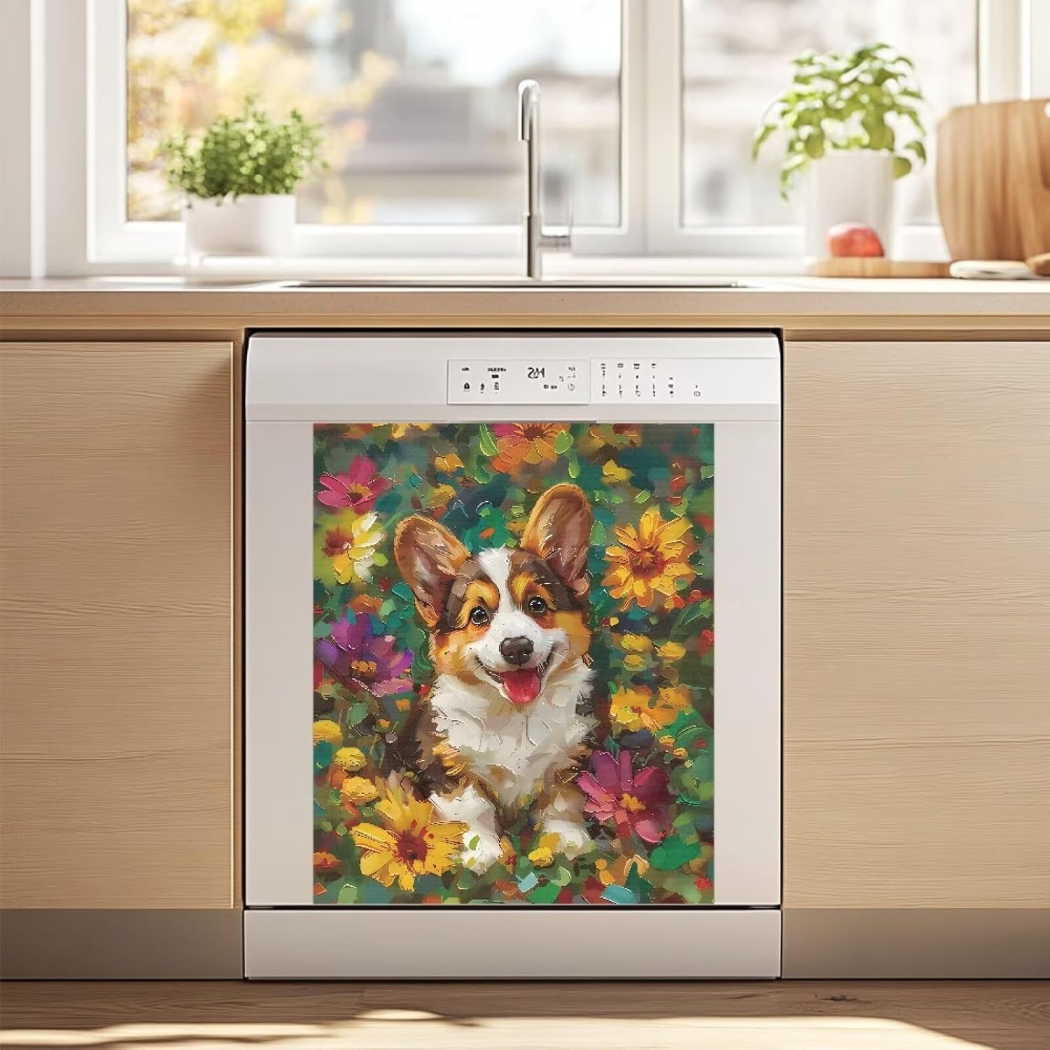Floral Corgi Dishwasher Magnet Cover, Cute Corgi Dog with Flowers Pattern Trimmable & Easy to Install, Removable Waterproof Scratch Protector Magnetic Dishwasher Cover for Pet Lover Kitchen