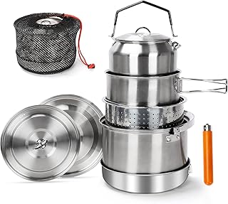 Denmay Camping Kochset Camping Kochgeschirr aus Edelstahl, Camping topfset, Camping Topf Pfanne Set, Edelstahl Camping Töpfe für Campingkocher, 5-teilig