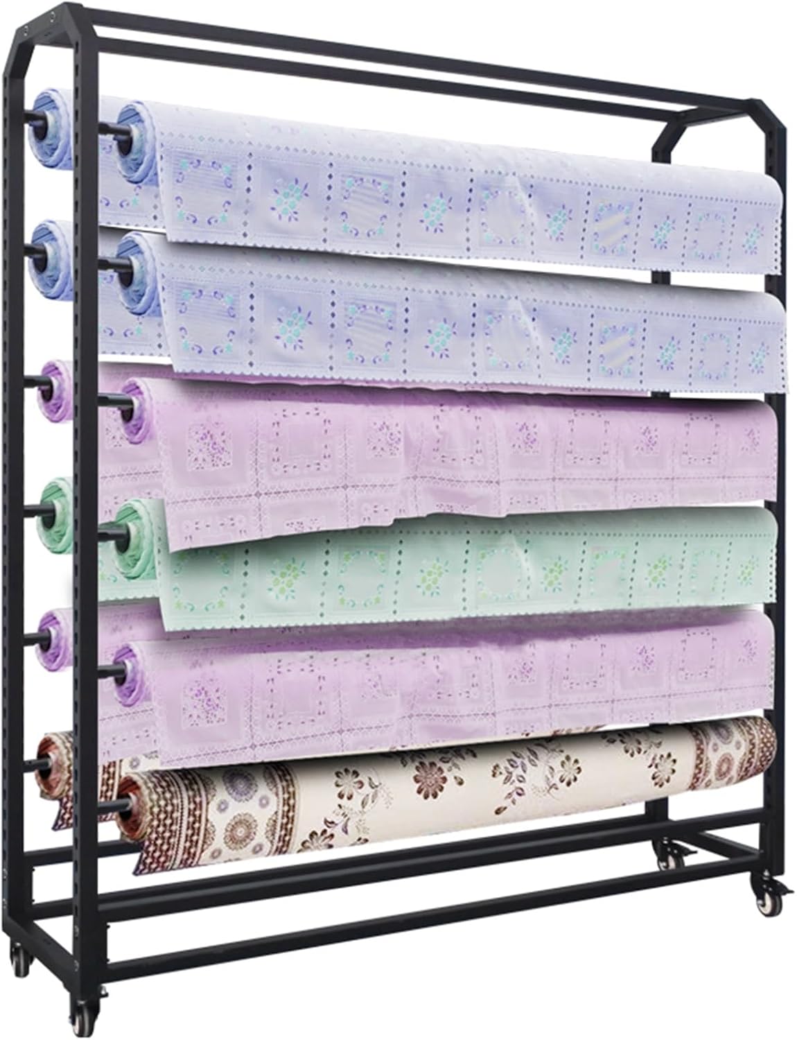 Large Metal Hanging Shelf with Wheels, Adjustable Fabric Roll Storage Rack for Vinyl, Car Wraps, Tablecloths, Space-Saving Organizer (16 Rods, 175cm)