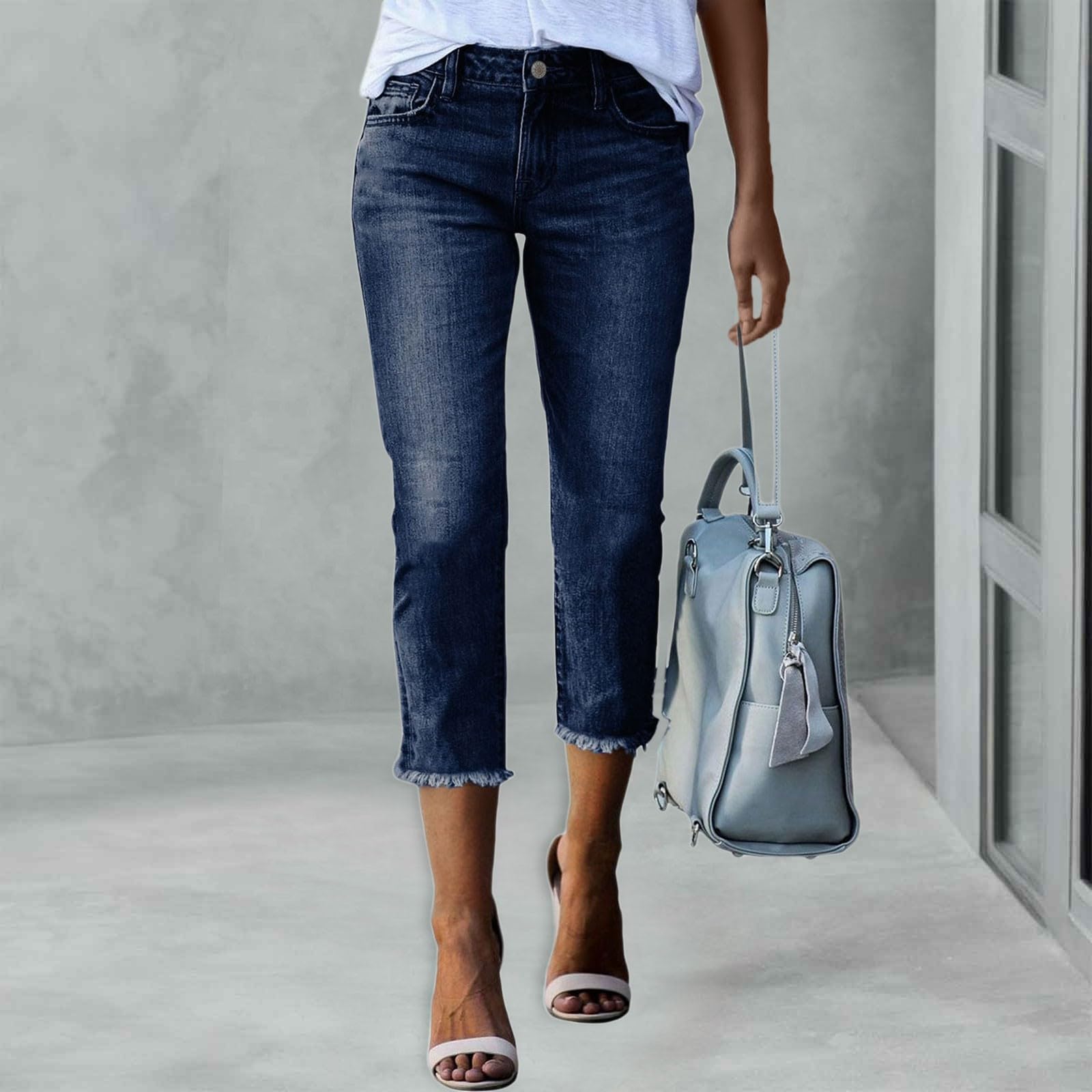 Caprihose Damen Sommer Jeanshose Slim Fit Fransen Saum Jeans 3/4 Hose Stretch Leggings Mit Taschen Denim Hosen Freizeithose Einfarbig Sommerhose Bequem Atmungsaktiv Figurbeton Casual Jeanshosen