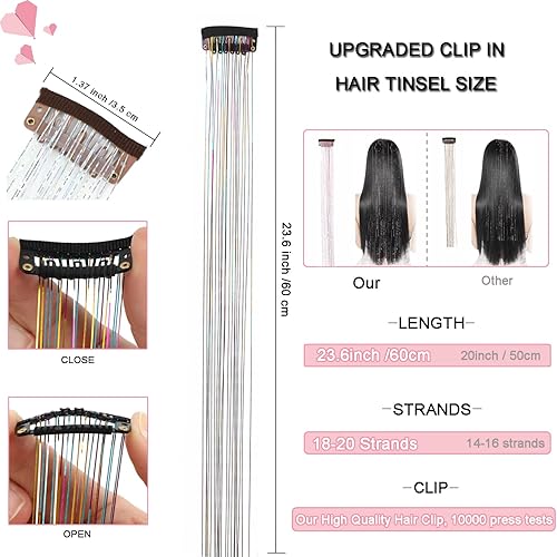 Miniatura 3 de 6 piezas de oropel de cabello con clip, resistentes al calor, kit de oropel de 23.6 pulgadas, extensiones de cabello de oropel con clip, clip de
