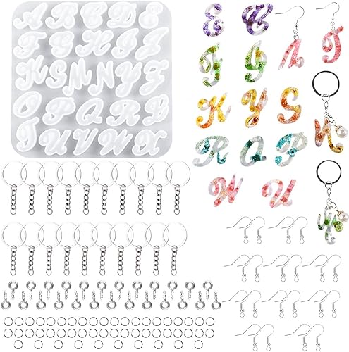 HyzaPhix 116 moldes de resina del alfabeto, moldes de silicona para joyería, moldes de fundición de epoxi con llaveros, ganchos para aretes,