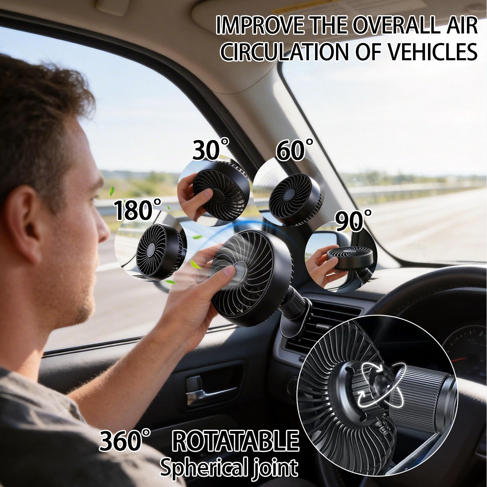 Ventilatore USB per auto con montaggio a gancio, ventola portatile per auto, 5 V/1 A, ventola di raffreddamento per auto, 3 velocità regolabili, girevole a 360°, clip di raffreddamento per la