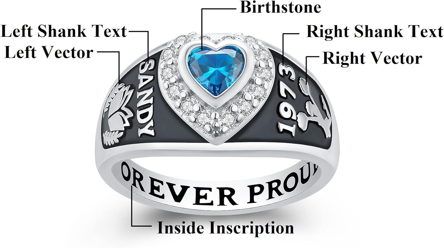 JNJ Women's Class Ring, personalized for high school and college graduates, Sterling Silver, Heart birthstone with 2 customized vectors, Classic collection-Jour Nouveau Jewelry