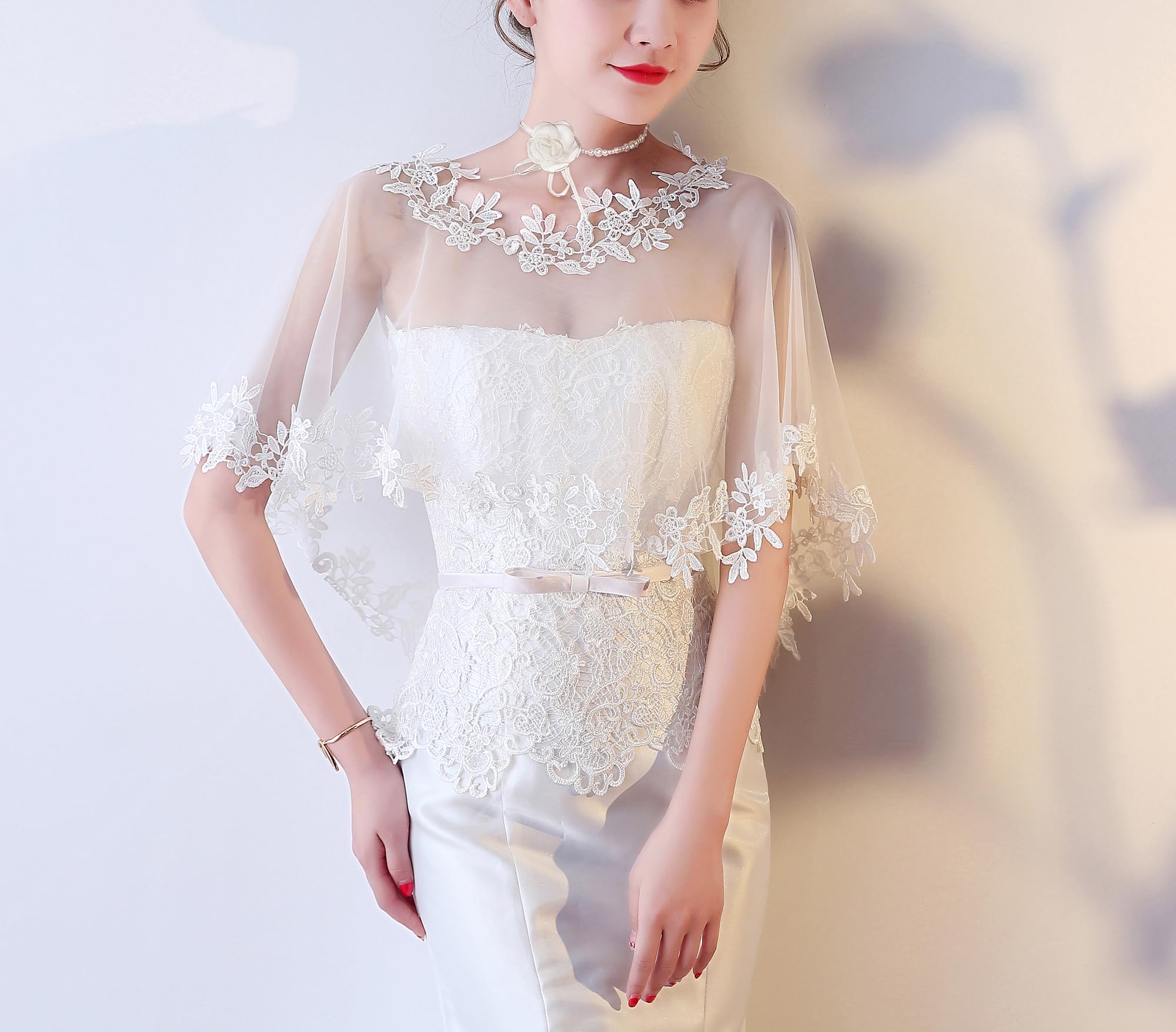Elegant Spitze Umschlagtücher mit Blumen Halsband,Lace Umhang Perlen choker für Brautkleid Abendkleid Cocktaikleid Hochzeitsaccessoires