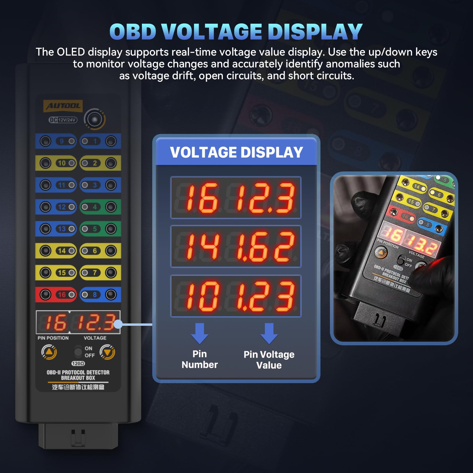 AUTOOL OBD2 Breakout Box - Detector de protocolo OBDII para monitorear señales de protocolo/alimentación/tierra, conector ECU de 120Ω con puente multifunción, probador de puerto de diagnóstico OBD CAN