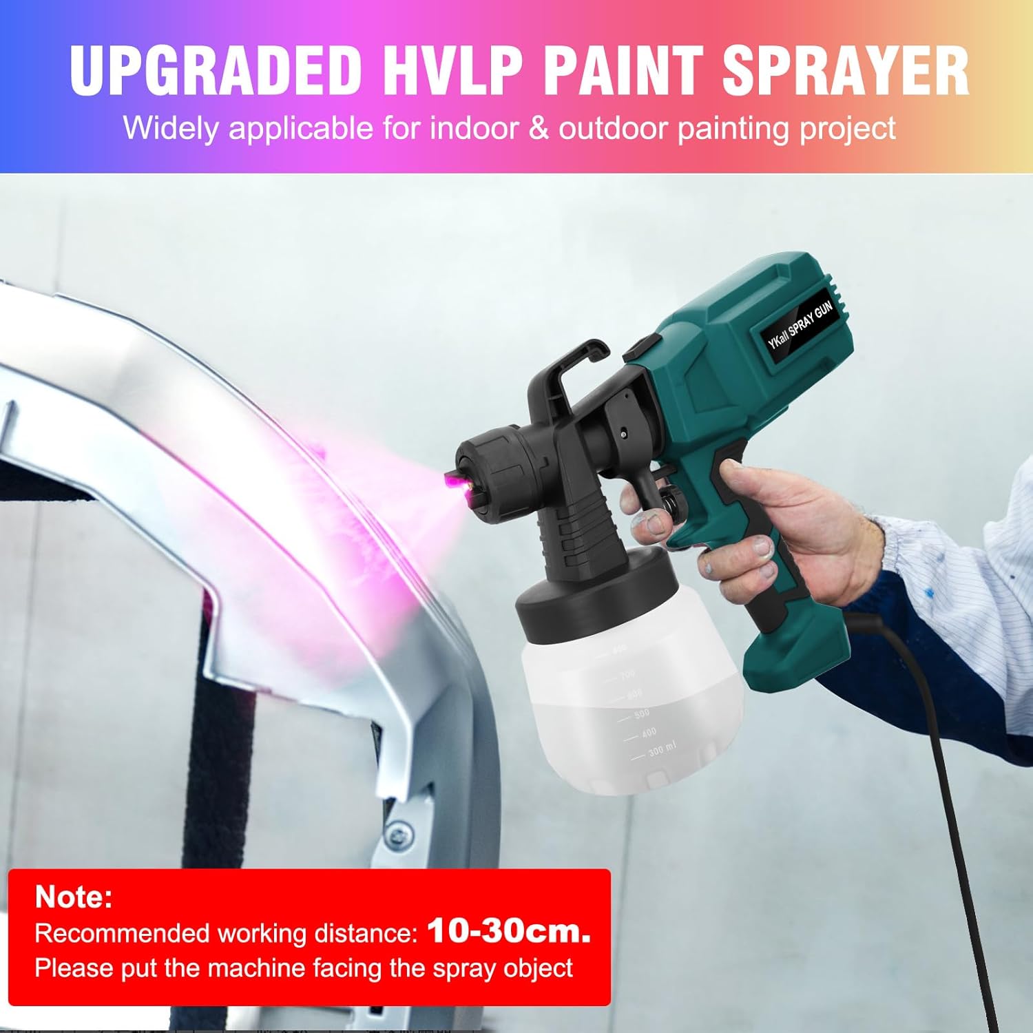 Person using the Ykall paint sprayer on a car panel, with a note indicating a recommended working distance of 10-30cm
