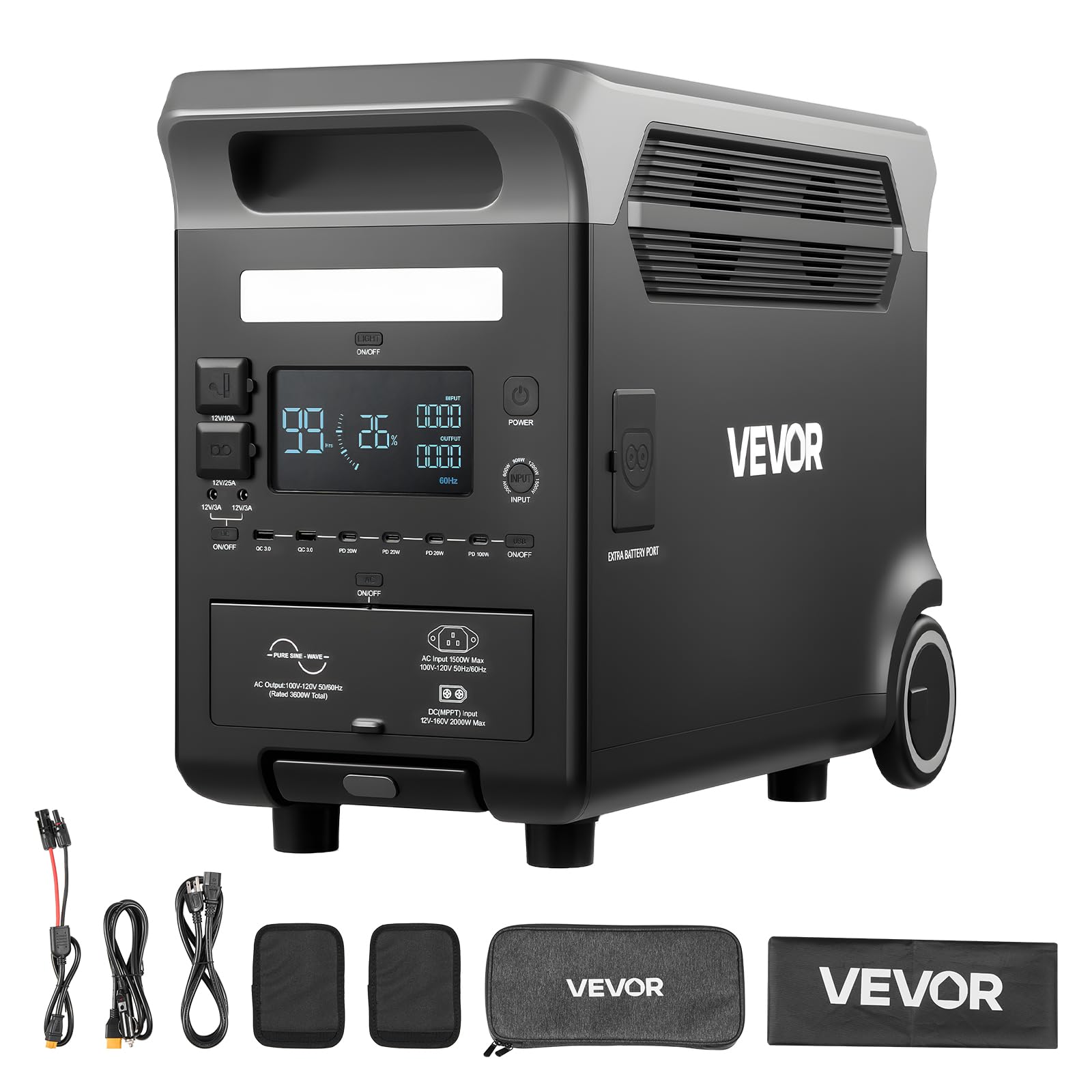 VEVOR Portable Power Station 3600W 3840Wh Power Station Solar Generator with 10 Output Ports Adjustable Input Power Expandable