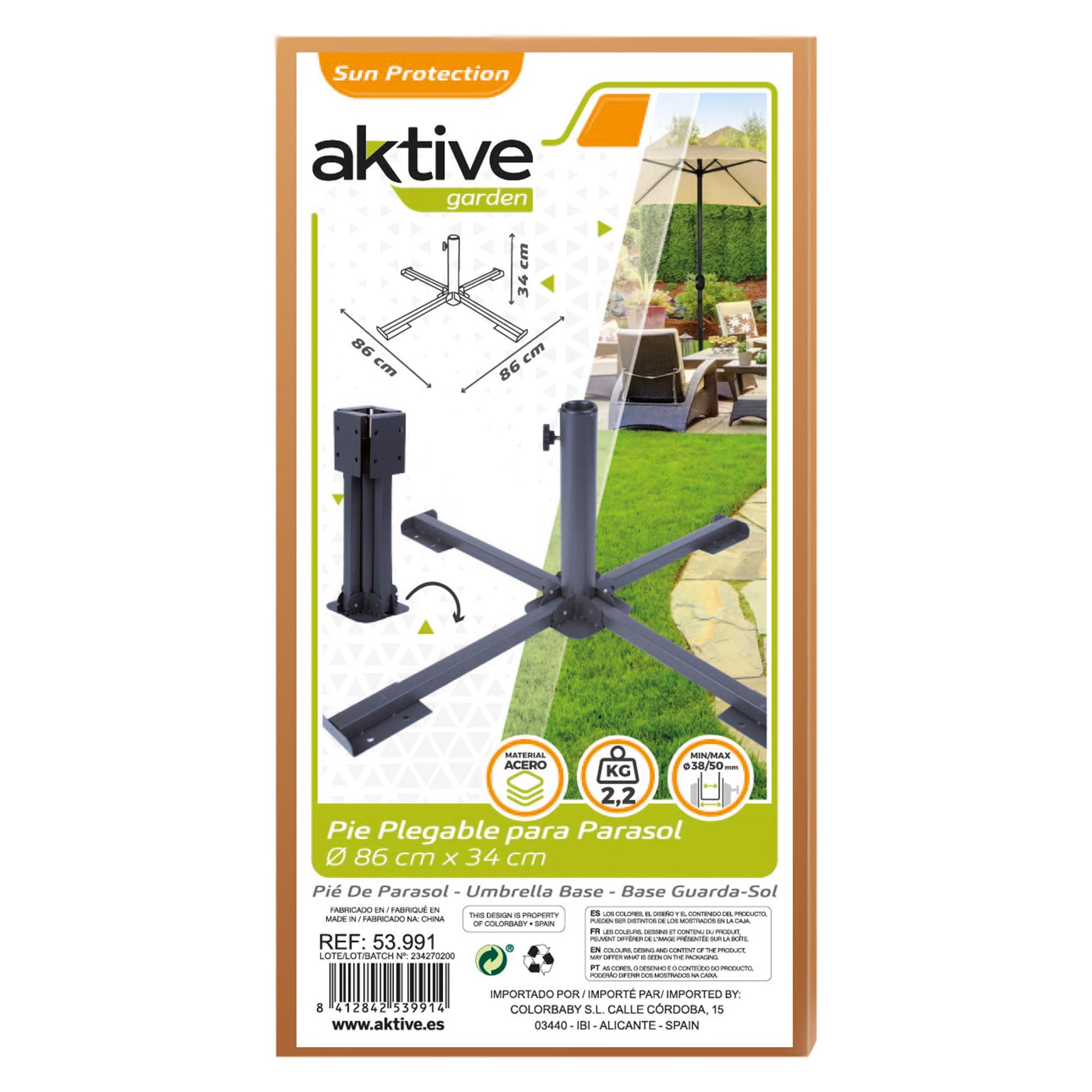 Aktive 53991 - Base ombrellone Pieghevole di Metallo 86x86x34 cm - Colore Nero