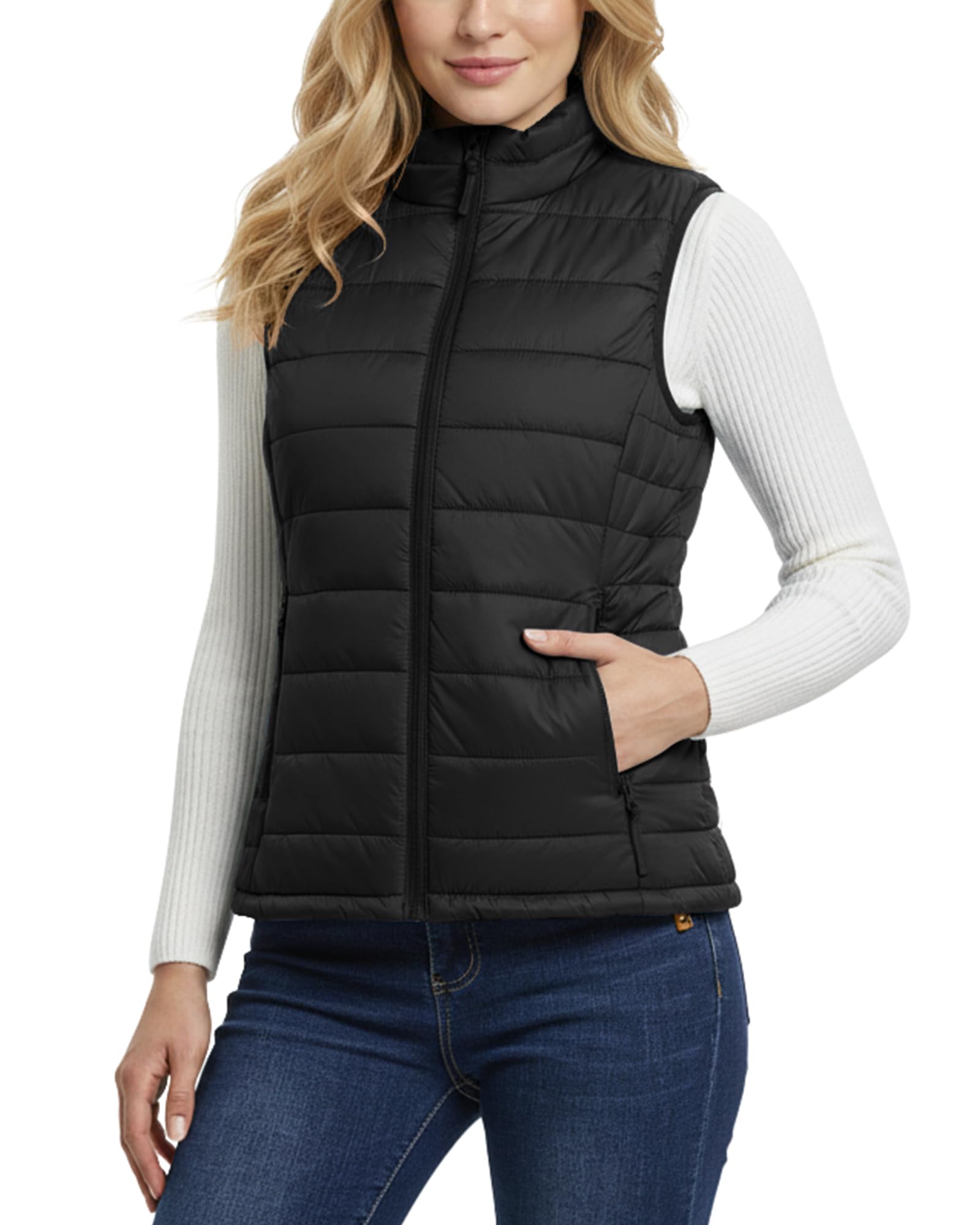 Outdoor Ventures Chaleco acolchado para mujer, chaleco de entretiempo plegable, chaleco deportivo híbrido con forro para mujer, cálido, chaleco de ciclismo con cuello alto para senderismo, camping