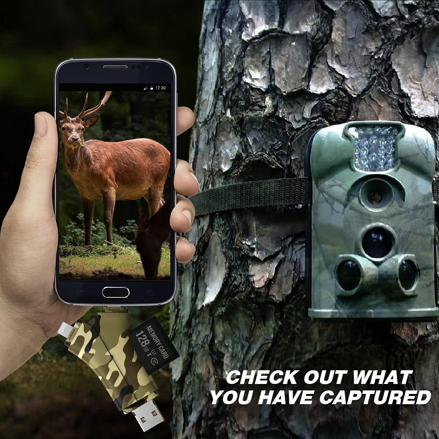 Dankent Trail Camera Viewer SD Card Reader - 4 in 1 SD and Micro SD Memory Card Reader to View Hunting Game Camera Photos or Videos on Smartphone, Camouflage, Multicolor