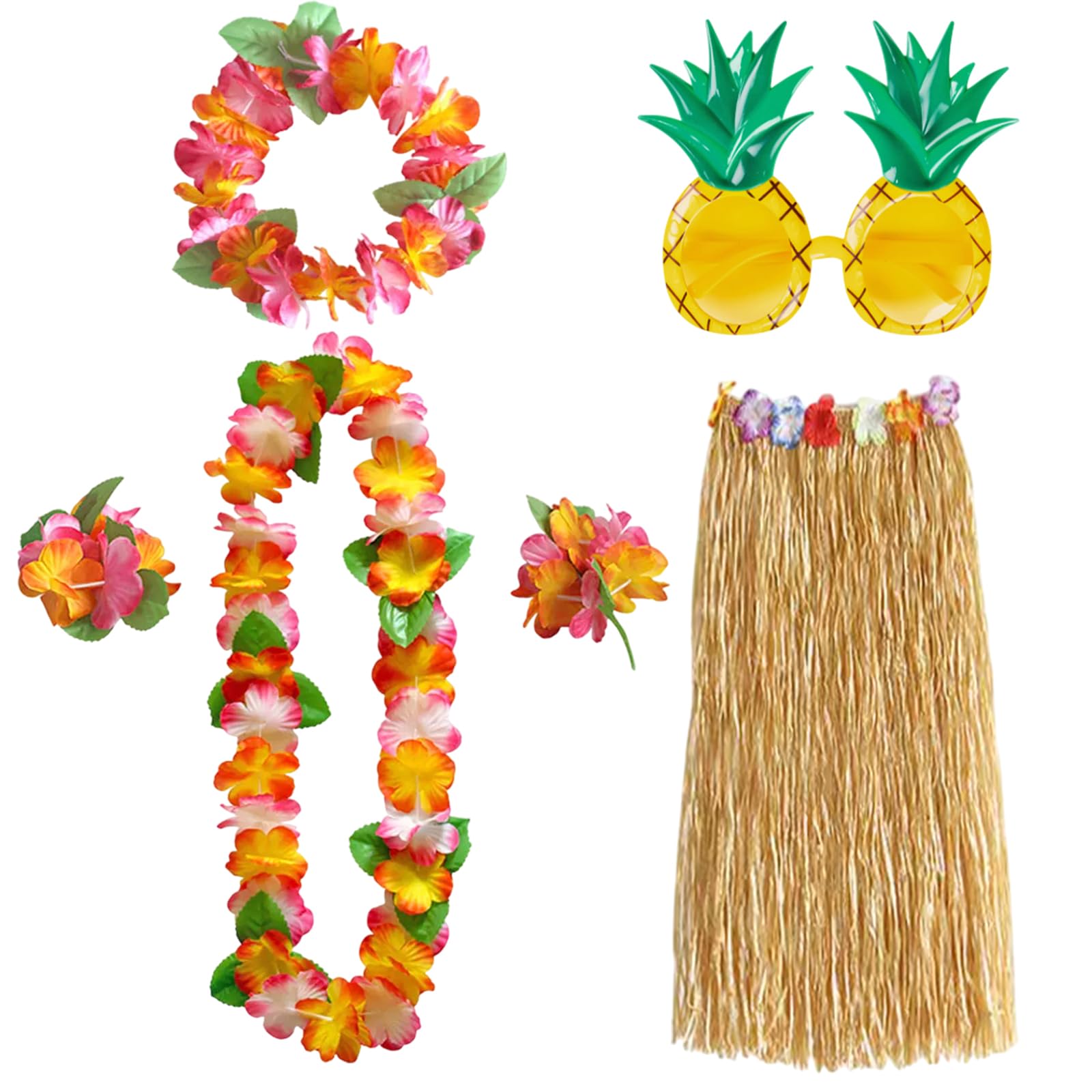 Lot de 6 décorations de fête hawaïennes, collier de fleurs, bracelets, bandeau, lunettes d'ananas, jupe hawaïenne, déguisement pour adultes, fête de plage, bar de nuit