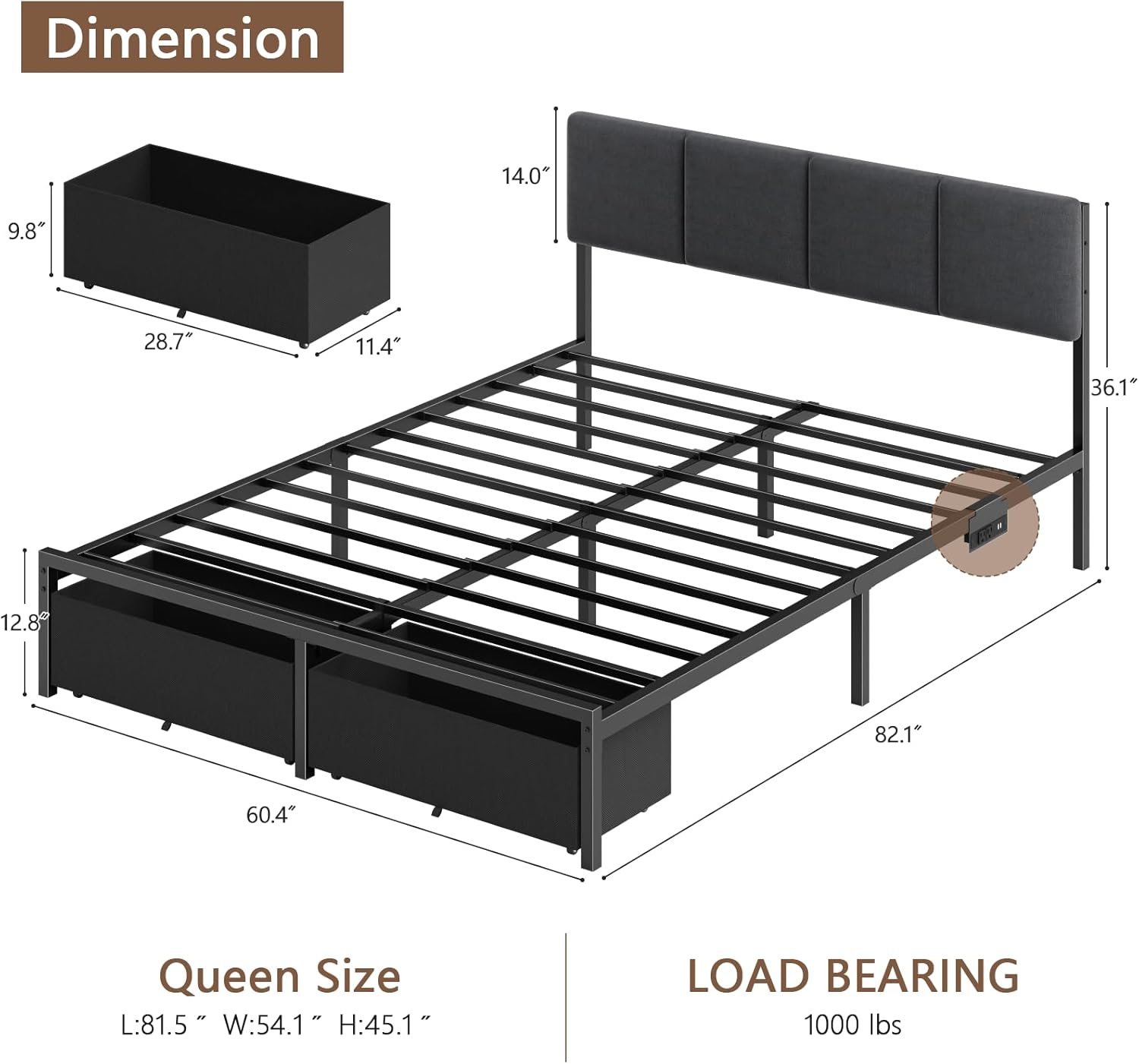 Furnulem Queen Bed Frame with Adjustable Headboard, Grey Upholstered Bed with 2 Fabric Storage Drawers, Built-in Charging Station & LED Lights, Metal Support, No Box Spring Needed, Cama Queen