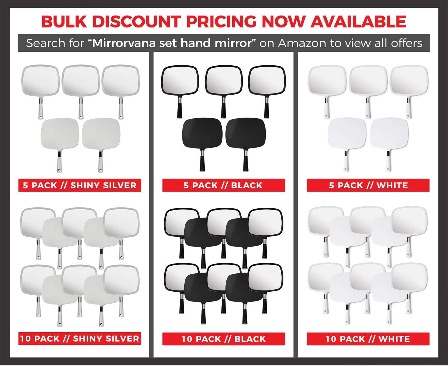 MIRRORVANA Large & Comfy Hand Held Mirror with Handle - Silver Salon Model (5-Pack)