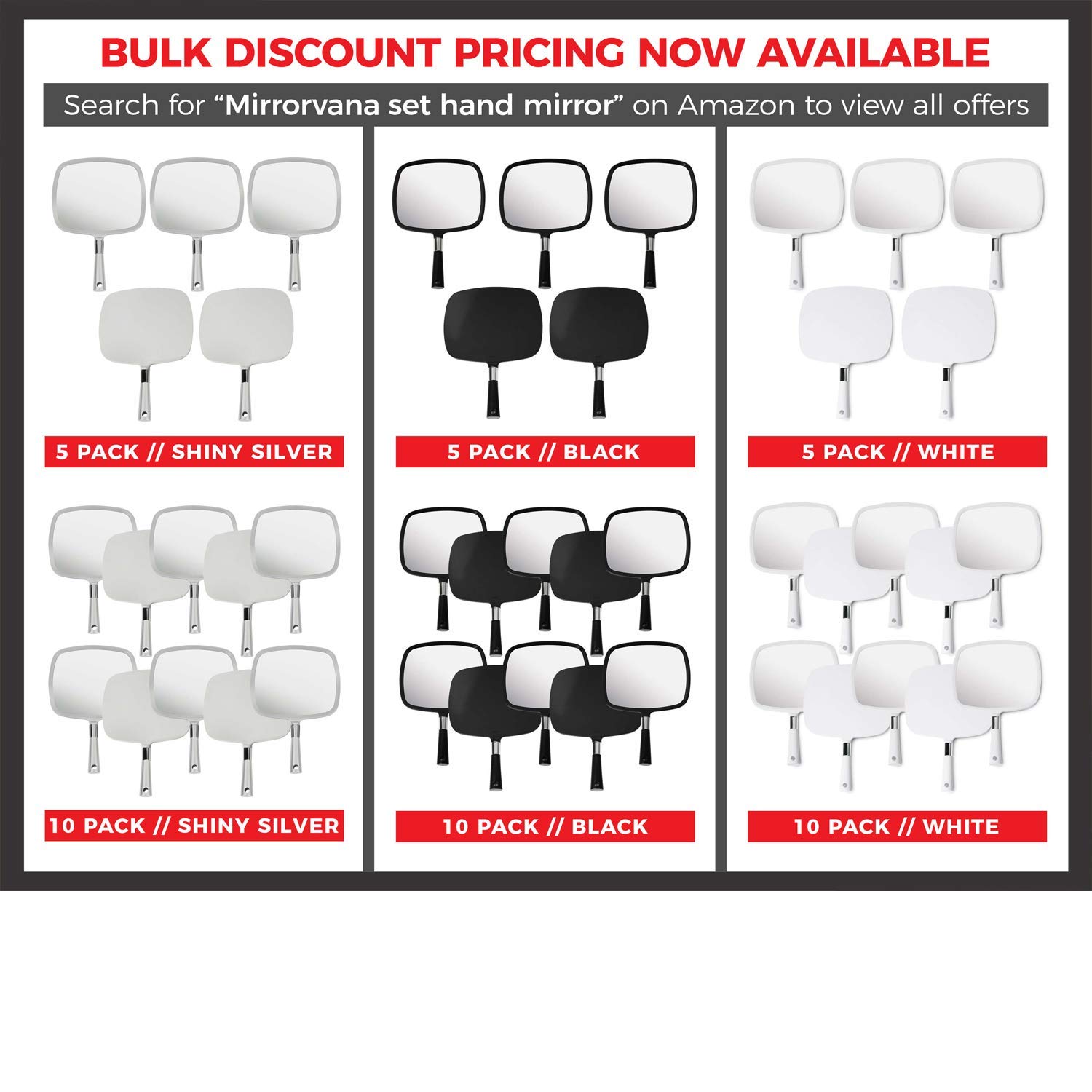 MIRRORVANA Pack of 5 Large Handheld Mirror Set for Barbers & Salon Hairdressers - Perfect for Home, Travel, & Makeup Use with Long Comfy Handle and Distortion Free HD Reflection - 13" x 9" (White)