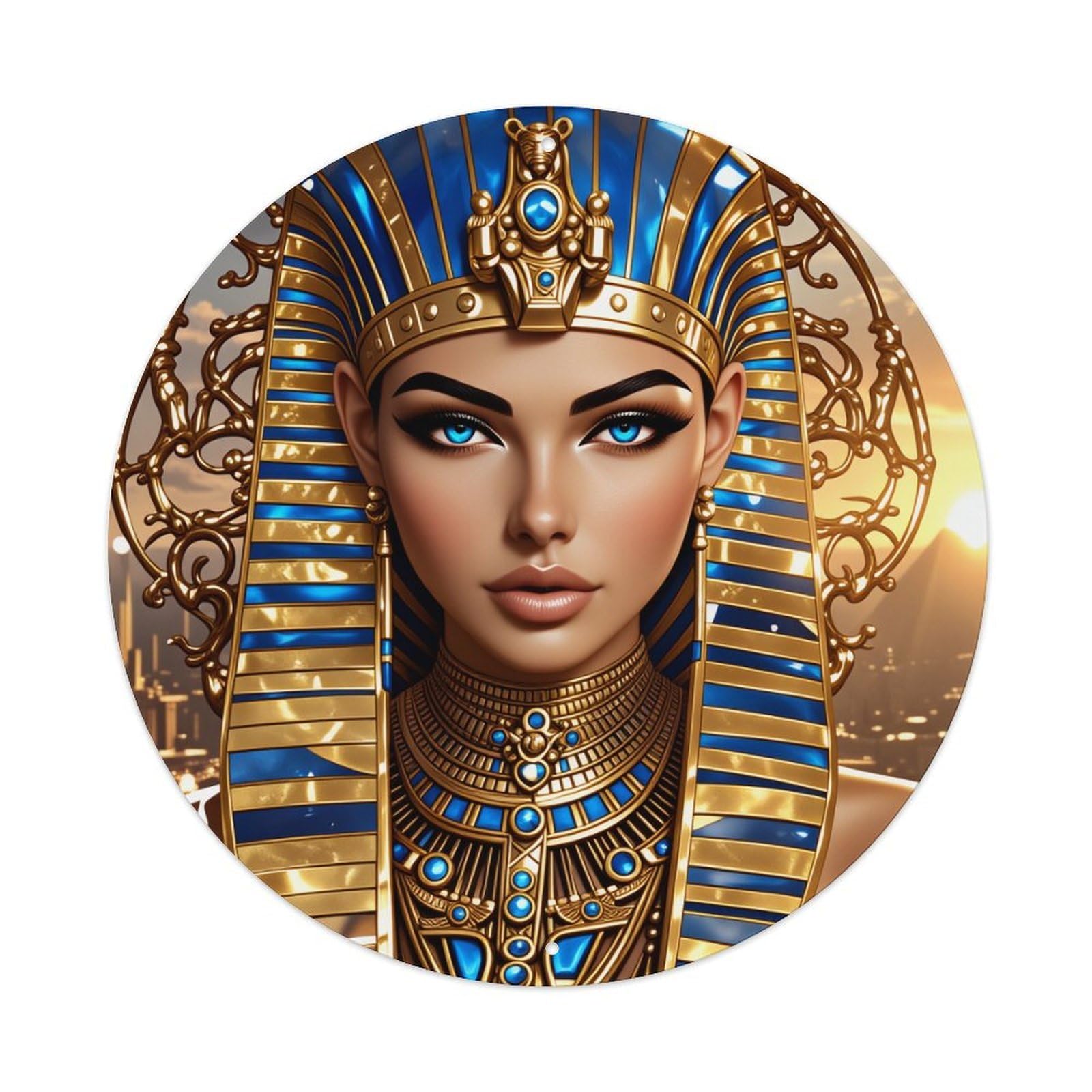 Egyptian Blue Gold Pattern Design Round Tin Sign Vintage Metal Poster Retro Bar, Home, Man Cave, Kitchen, Laundry Room Wall Art Decor Gift 8x8Inch