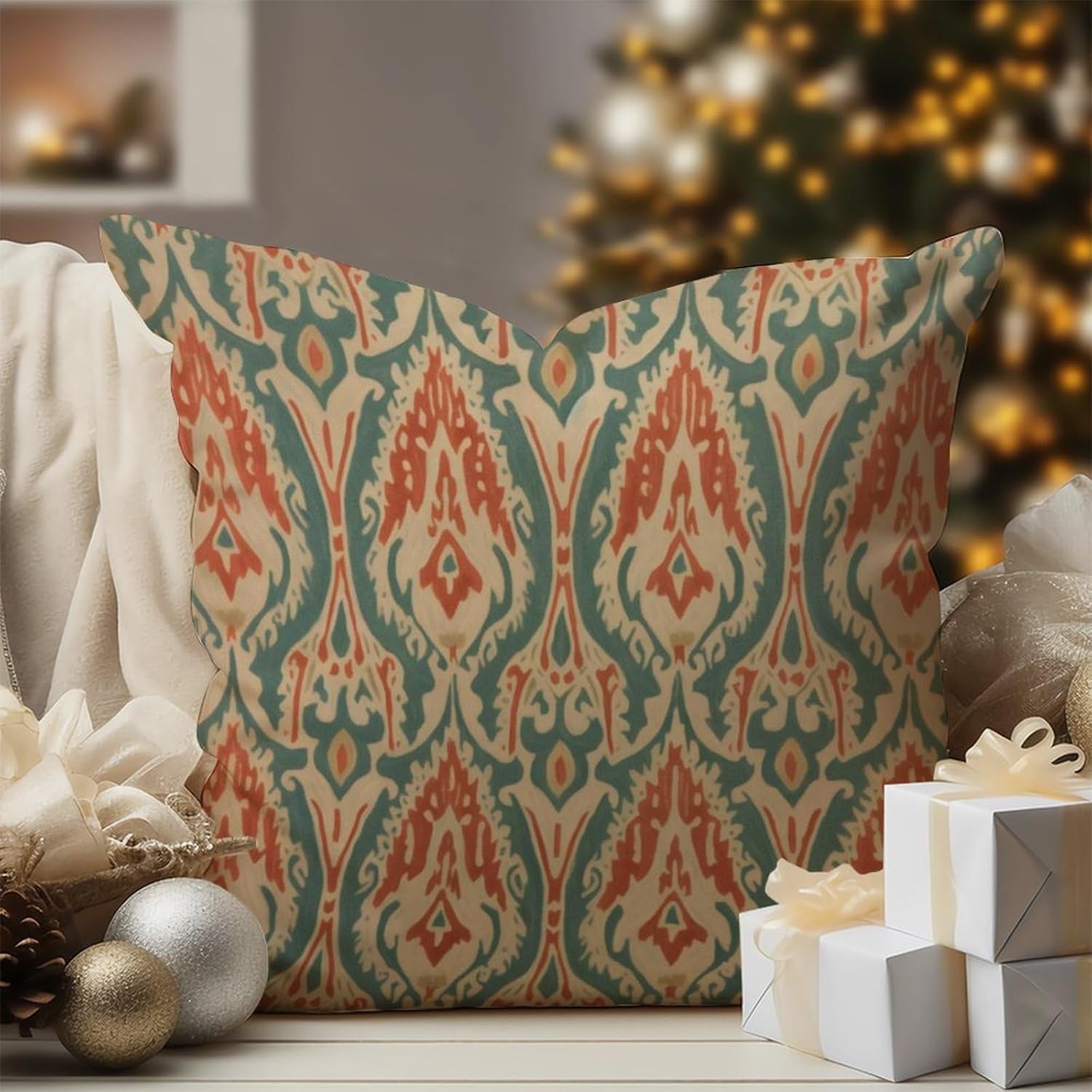 WoGuangis Teal and Red Uzbekistan Ikat Cushion Covers